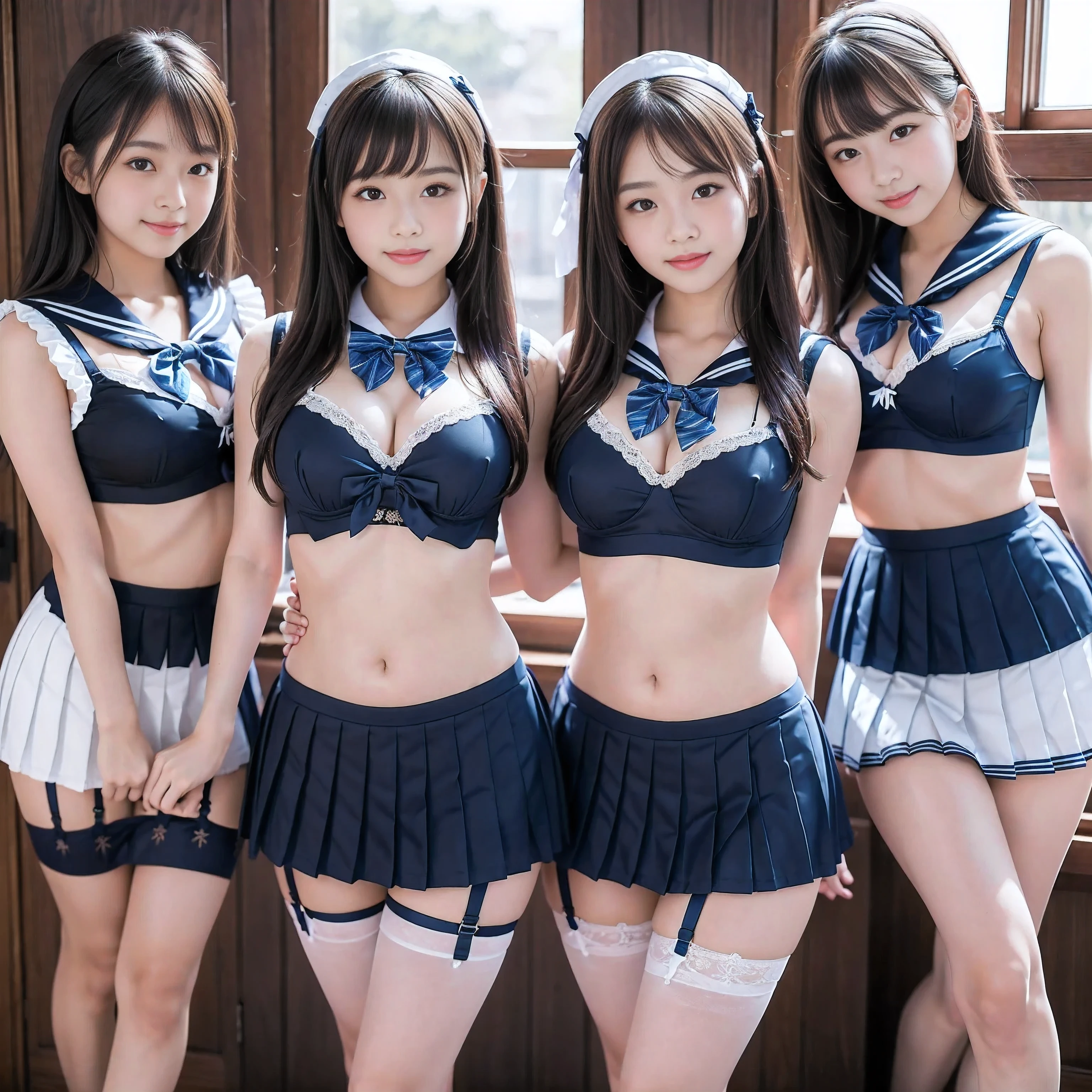 (4k, high quality, high quality, masterpiece), (realistic), ((three girls in front of me, equally centered left and right, from head to thighs)), (((turn your body to me and look at me))), (((bow tie around neck, sailor lingerie, pleated micro mini skirt))), (black hair,  face, smile, beautiful cleavage, beautiful thighs)), The high school girls were captured by me and brainwashed to obey me, they were made to wear sailor-fuku and lingerie to satisfy my desire, and I would nap them and make them my subordinates.