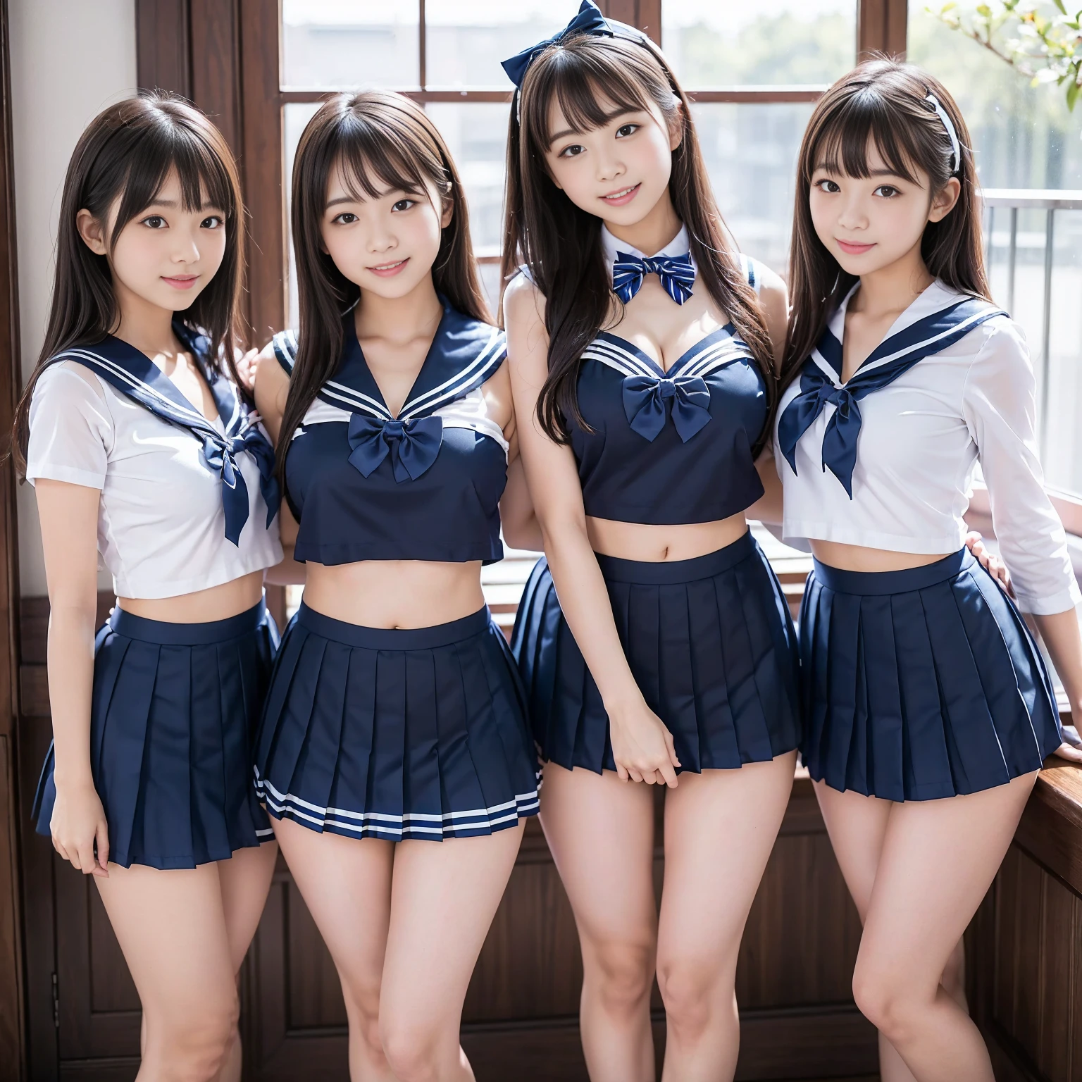 (4k, high quality, high quality, masterpiece), (realistic), ((three girls in front of me, equally centered left and right, from head to thighs)), (((turn your body to me and look at me))), (((bow tie around neck, sailor lingerie, pleated micro mini skirt))), (black hair,  face, smile, beautiful cleavage, beautiful thighs)), The high school girls were captured by me and brainwashed to obey me, they were made to wear sailor-fuku and lingerie to satisfy my desire, and I would nap them and make them my subordinates.