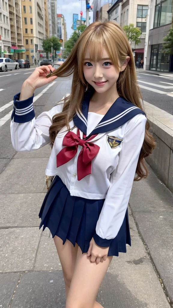 Gal、 Japanese、( school uniform:1.3)、 navy blue miniskirt 、8k、Best Quality、Super detailed、Realistic、Cinema Lighting 、85mm lens、 professional lighting 、 dark tanned skin 、Large Breasts、Gal風のメイク、cute、blonde、Blonde、Blonde、Blonde、smile、Baby Face、Standing posture、In the city 、Short、Sailor suit、Blonde、Blonde、Large Breasts