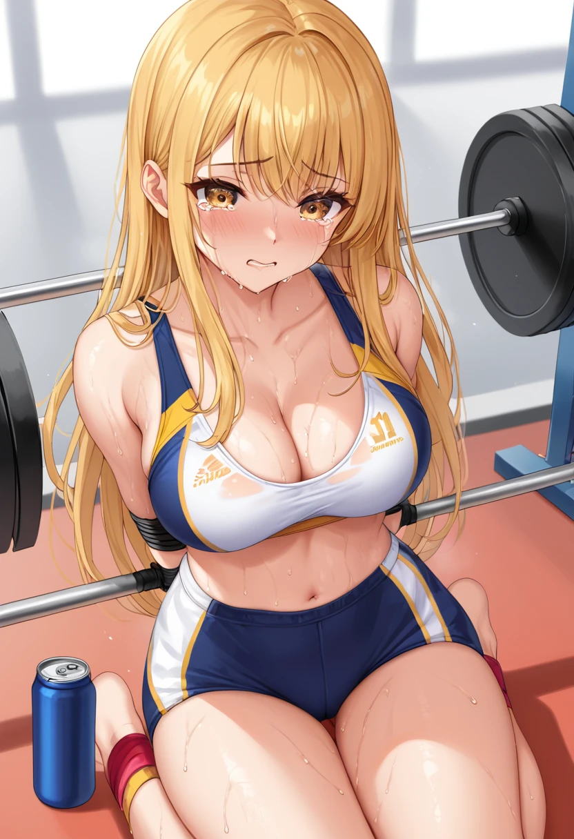      long golden hair   　Eyes are golden　 Beautiful girl with cute face 　   crying expression The woman is wearing sportswear, training, gym　   The woman is restrained by training equipment and can't move   　The woman's whole body is sweating 