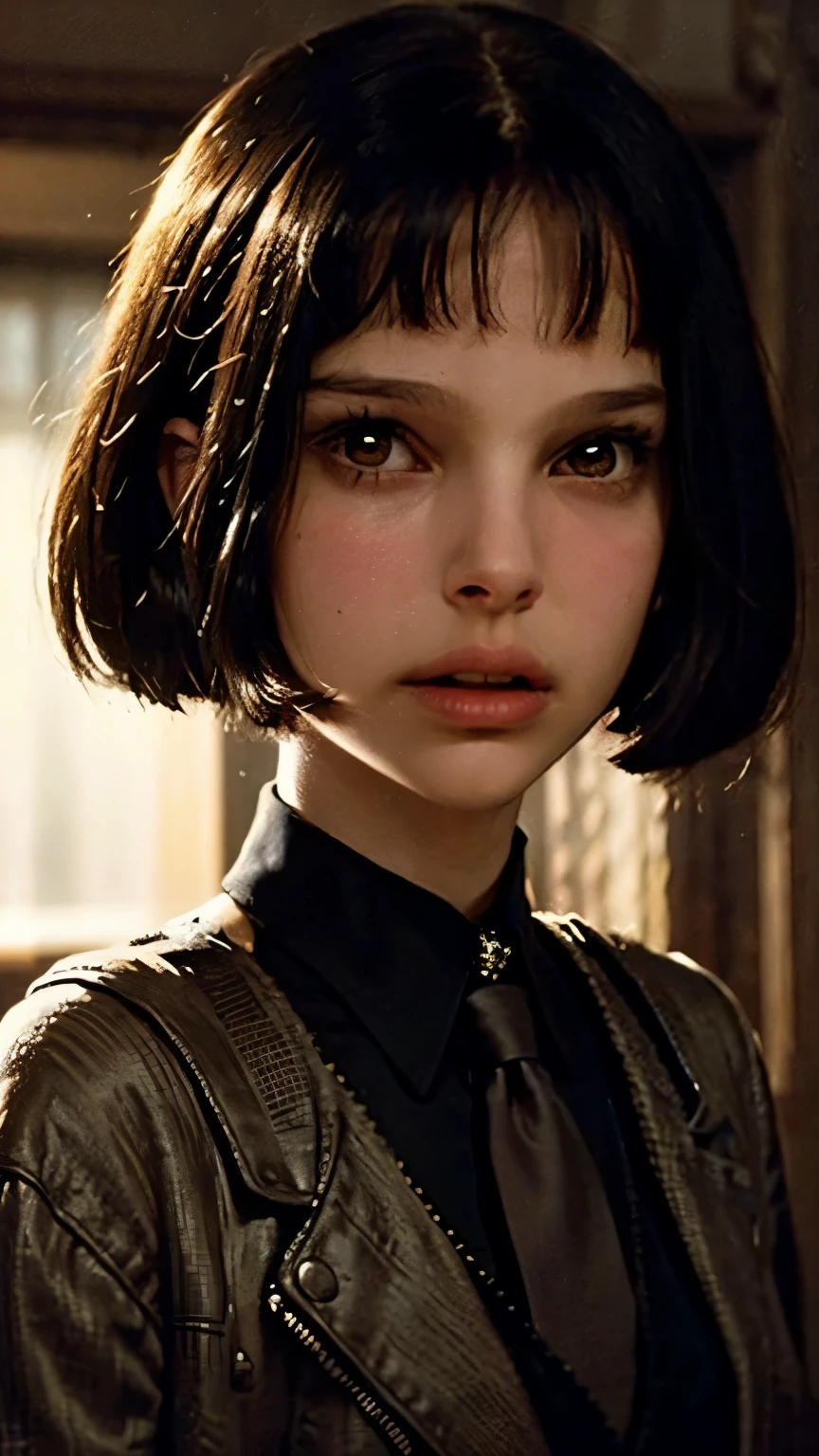 Portrait of Natalie Portman as Matilda from the Leon Movie、From the Leon movie, Pose with a Weapon 、 wearing a black suit and tie from the Leon movie , ( best quality ,4K,8k, Kampala,masterpiece:1.2),Super detailed,(Realistic,photoRealistic,photo-Realistic:1.37), Highly Detailed Face , Detailed Suit, Intricate Necktie , serious look, Dark Background, Dramatic Writing