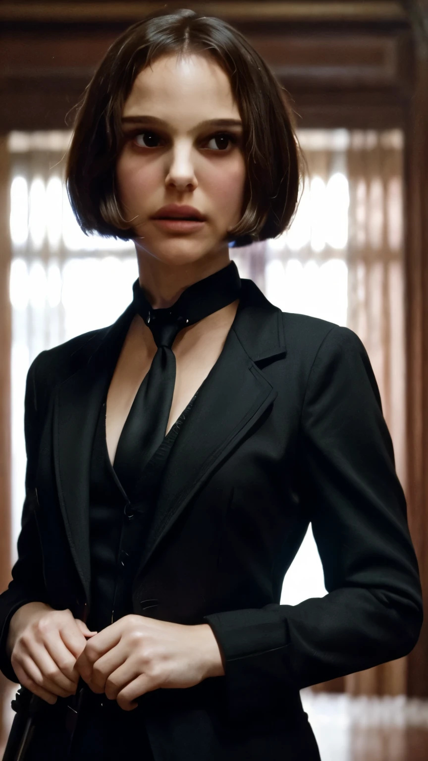 Portrait of Natalie Portman as Matilda from the Leon Movie、From the Leon movie, Pose with a Weapon 、 wearing a black suit and tie from the Leon movie , ( best quality ,4K,8k, Kampala,masterpiece:1.2),Super detailed,(Realistic,photoRealistic,photo-Realistic:1.37), Highly Detailed Face , Detailed Suit, Intricate Necktie , serious look, Dark Background, dramatic lighting