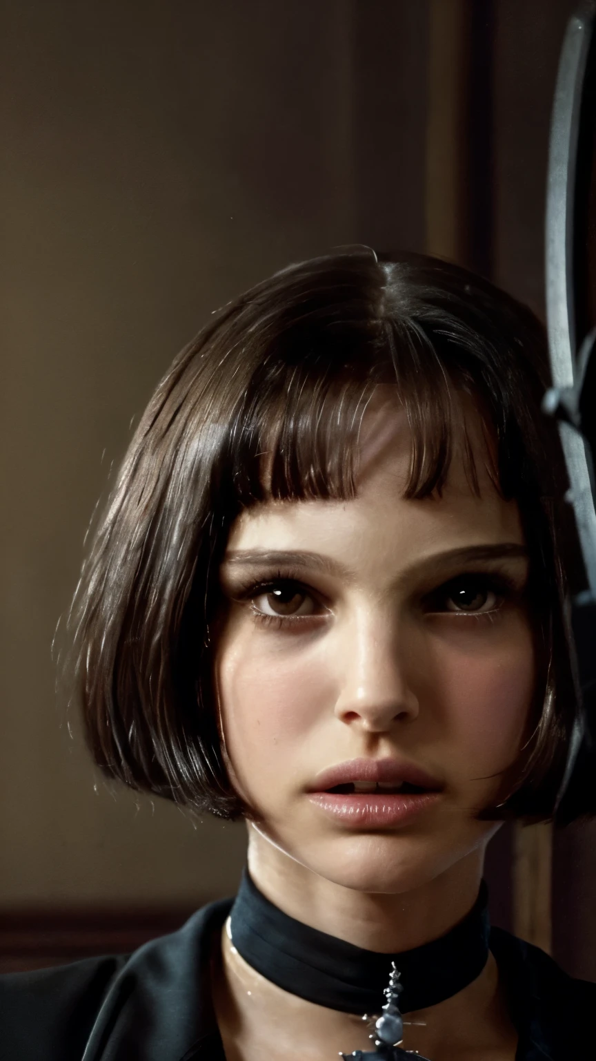  Portrait of Natalie Portman as Matilda from the Leon Movie、From the Leon movie,  Pose with a Weapon 、 wearing a black suit and tie from the Leon movie , ( best quality ,4K,8k, Kampala,masterpiece:1.2),Super detailed,(Realistic,photoRealistic,photo-Realistic:1.37), Highly Detailed Face , Detailed Suit, Intricate Necktie ,  serious look, Dark Background,   Dramatic Writing