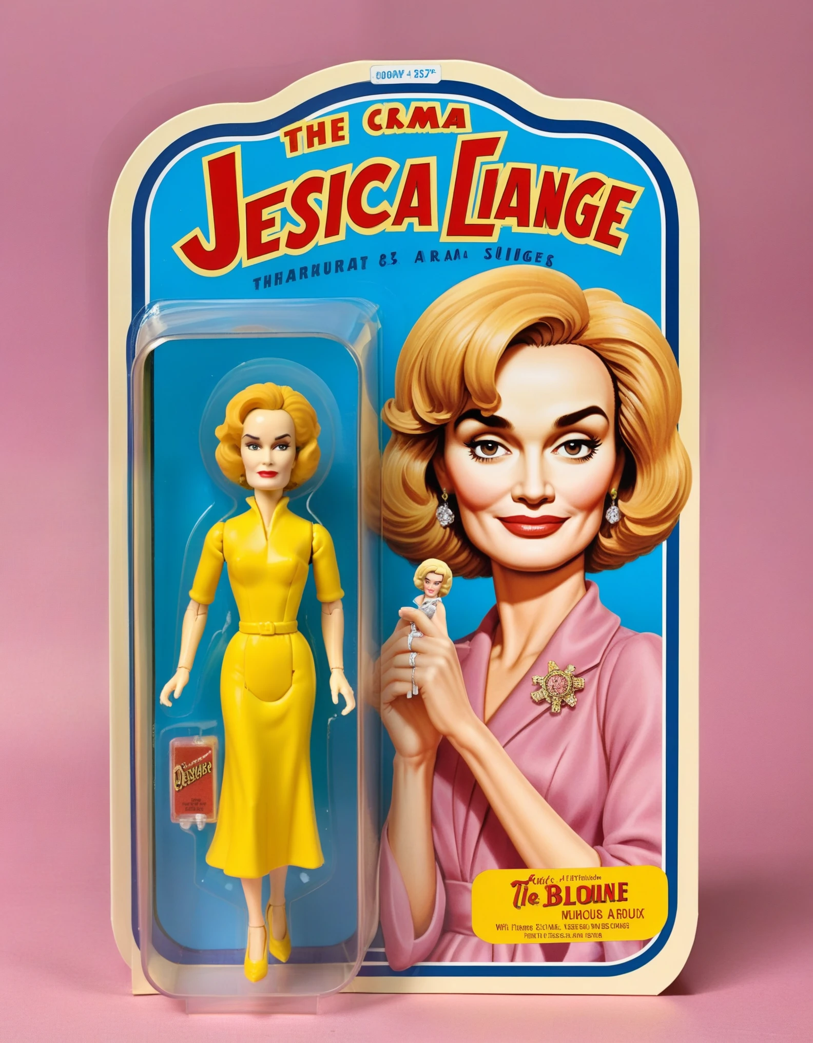 Jessica Lange meticulously highly detailed, photo-realistic image of a Jessica Lange figure, packaged in a cool box. The packaging prominently features a cartoon illustration of a Jessica Lange characterized by exaggerated features and a signature expression. Beside the cartoon, a clear window panel reveals the action figure, a precise replica, with distinct detailing and accurate matching coloring. The figure's attire, high heel shoes, a big blonde wig complete with miniature accessories. The background of the box displays elements of cinema, subtly enhancing the collectible's thematic appeal
