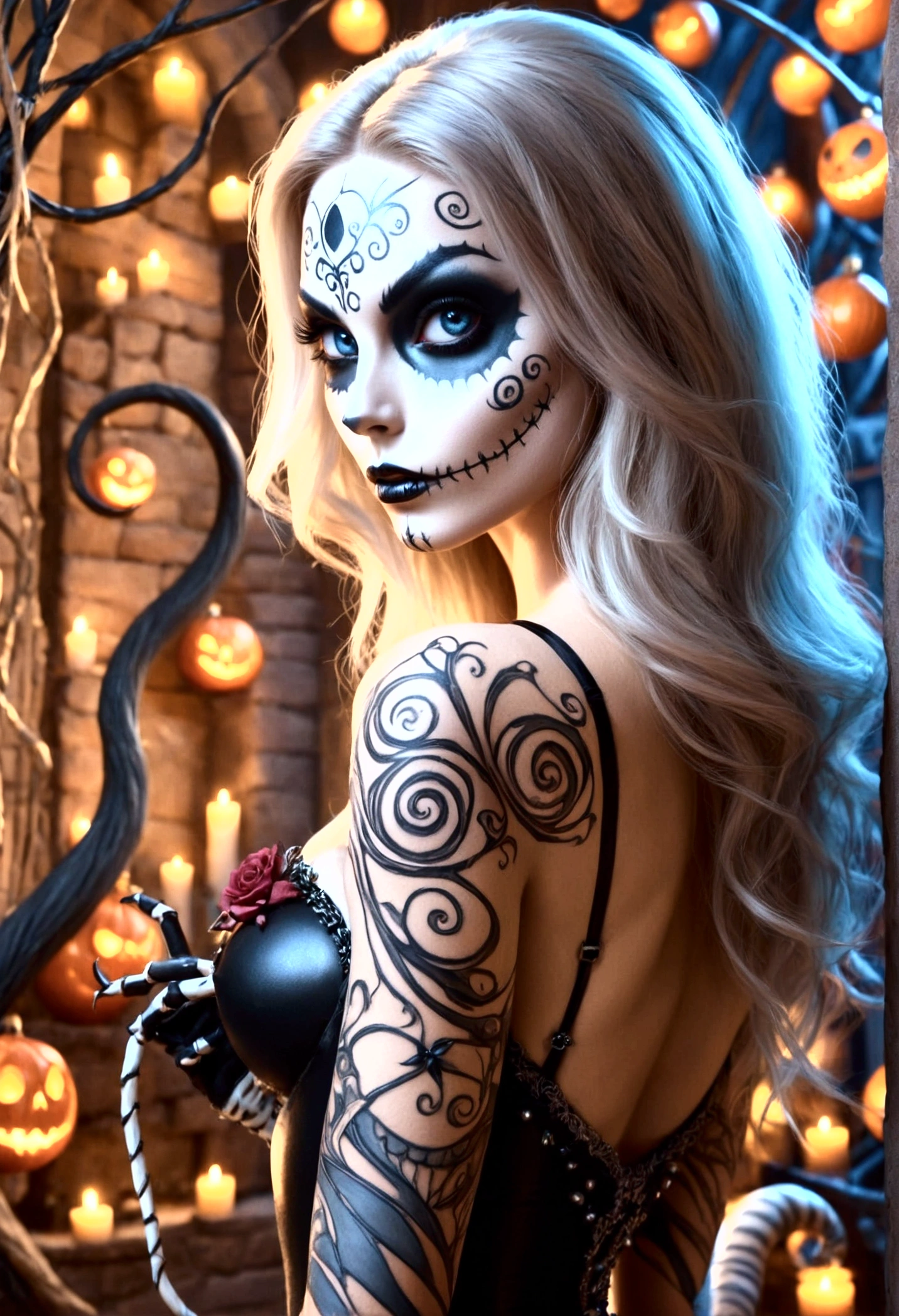 Create a hyper detailed photograph of a skeleton tattooed young sexy stunning gorgeous sally Skellington, Stunningly perfect gorgeous face, perfect makeup,detailed vibrant eyes, sally long hair,detailed perfect beautiful legs, detailed perfect beautiful arms, realistic torso, muscular abs, sally Skellington detailed silky smooth skin texture,detailed silky smooth perky breast, perfect round ass, transparent seductive strappy lace lingerie, back to viewer looking forward,