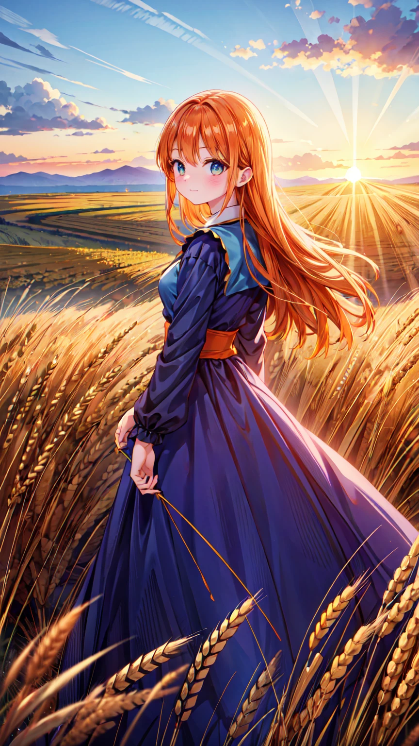 1 girl, Alone, Long orange hair, run, (Tall field of wheat), Turning around, emerald eyes, long blue dress, Middle Ages,  medieval outfit,  long-sleeved sunset, light from behind, Shadow on the figure, sonRisa, Risa, (blue sky), Against the background of wheat , Standing in the distance,  Looking at the viewer, 