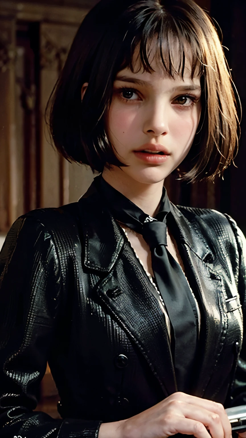  Portrait of Natalie Portman as Matilda from the Leon Movie、From the Leon movie,  Pose with a Weapon 、 wearing a black suit and tie from the Leon movie , ( best quality ,4K,8k, Kampala,masterpiece:1.2),Super detailed,(Realistic,photoRealistic,photo-Realistic:1.37), Highly Detailed Face , Detailed Suit, Intricate Necktie ,  serious look, Dark Background,   Dramatic Writing