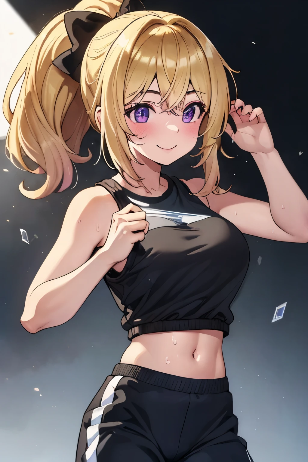 最high quality、best image quality、masterpiece、girl((20-year-old、 By becoming、vest bust、medium bust,wide open breast tea、Shining eyes, blonde、long hair、thin,highest valley、ponytail、action of looking up、Bandage on right arm、Sportswear with a wide open chest、short belly blue pants、cool pose、holding a black smartphone、sweating、smile、movement of leaning forward)),high quality、beautiful art、background((cyber sports gym))、flight、debris flies、Depth of written boundary、movie、visual art、perfect art、8K,genuine、