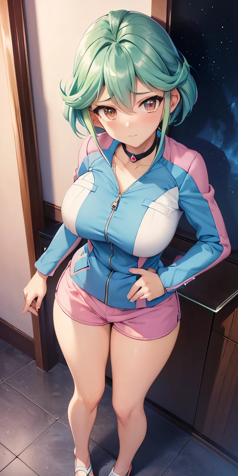 1 Female,High definition,high resolution,Ultra-realistic,8K, yu-gi-oh! arc-v, rin_arc_v, 1girl, solo, (large breasts, medium breasts:1.2), (wide hips:1.2), (blue jacket, long sleeves:1.2), (pink shorts, short shorts:1.3), black choker, barefoot,large breasts,European,sexy,Upper body close-up,Photographed from the front,Dynamic Angles,private teacher,A little sheer underwear,blue underwear,blush, big tits ,(show panties ),(top view),(full body), Multicolored hair 