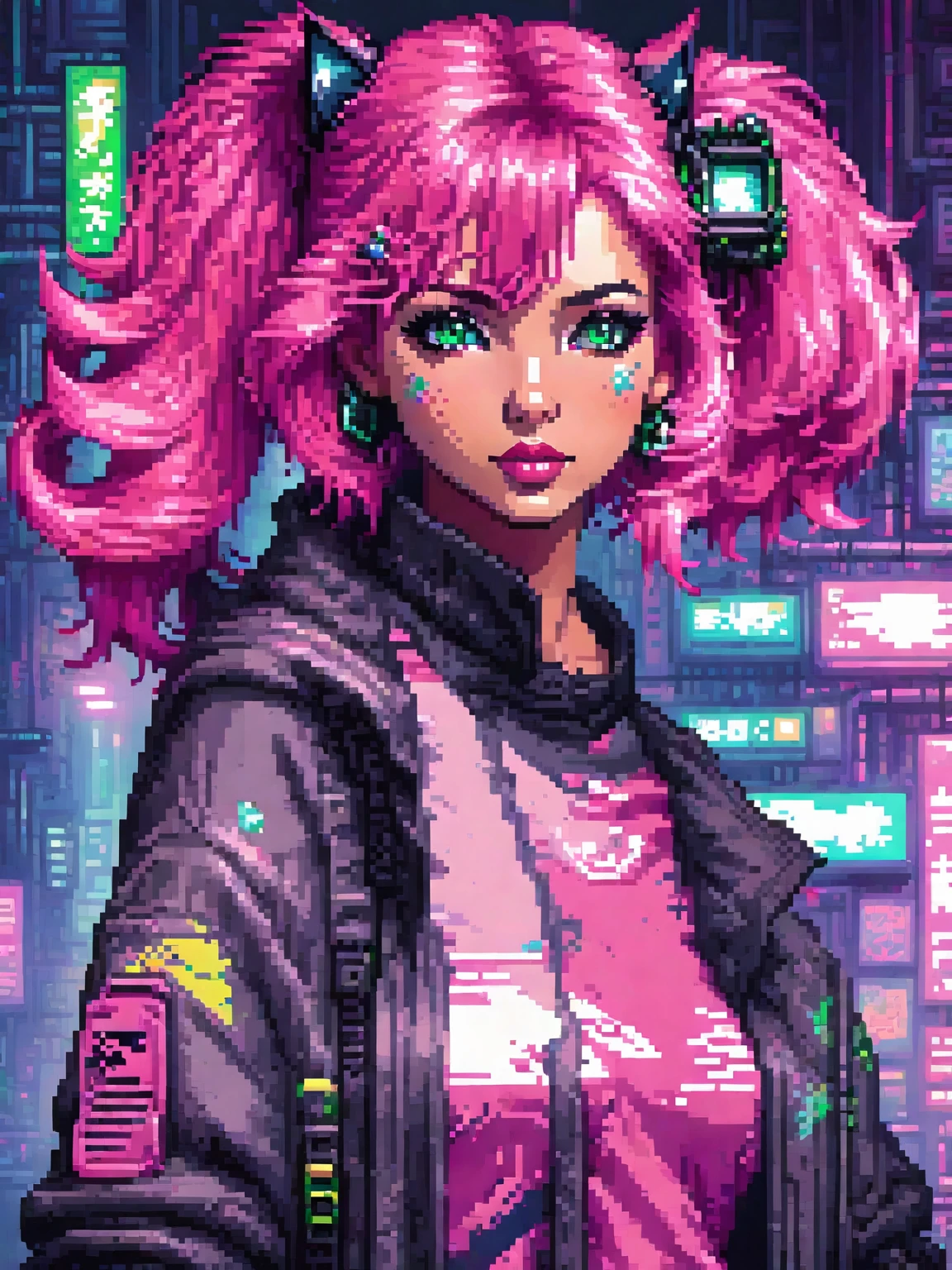  art 8-bit pixels of a girl-cat, playful, pixel art estilo video juegos de los 80s, pink hair, sexy clothes pink and green . pixel art, cyberpunk, #pixel art:3, [ synthwave art style ]!! ]!!, [ synthwave art style ]!!, ,pixel art style