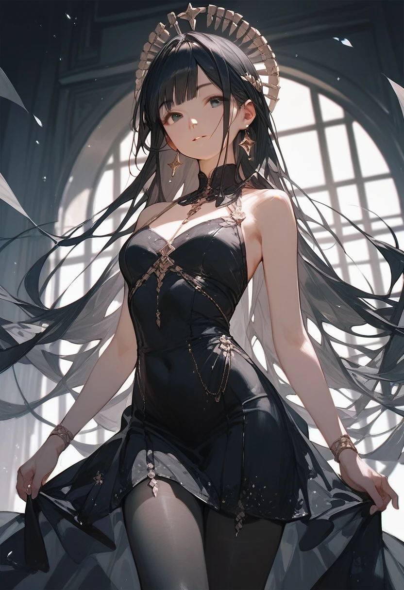 Cool girl with big 、Gorgeous hairstyle with black hair、A gorgeous black dress with lots of frills that shows off your body line、Smiling with arms behind head、evening、super high quality、Highest quality、Masterpiece、Accurately depict the body structure、High angle