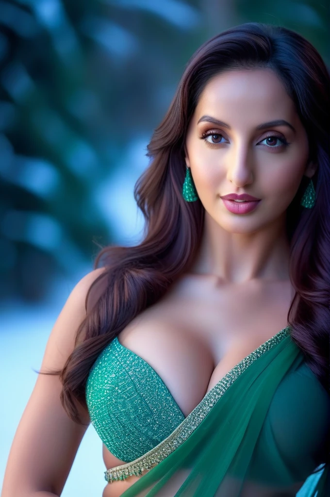 a photo of a woman, outdoor professional portrait,(indian topless green saree)open big breast,head-shot, slight smile, cute, winter wether,masterpiece, best quality, (colorful), cinematic lighting, extremely detailed CG unity 8k  NORA FATEHI  