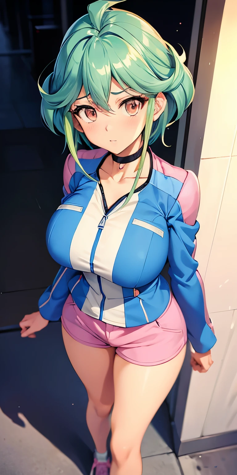 1 Female,High definition,high resolution,Ultra-realistic,8K, yu-gi-oh! arc-v, rin_arc_v, 1girl, solo, (large breasts, medium breasts:1.2), (wide hips:1.2), (blue jacket, long sleeves:1.2), (pink shorts, short shorts:1.3), black choker, barefoot,large breasts,European,sexy,Upper body close-up,Photographed from the front,Dynamic Angles,private teacher,A little sheer underwear,blue underwear,blush, big tits ,(show panties ),(top view),(full body), Multicolored hair 