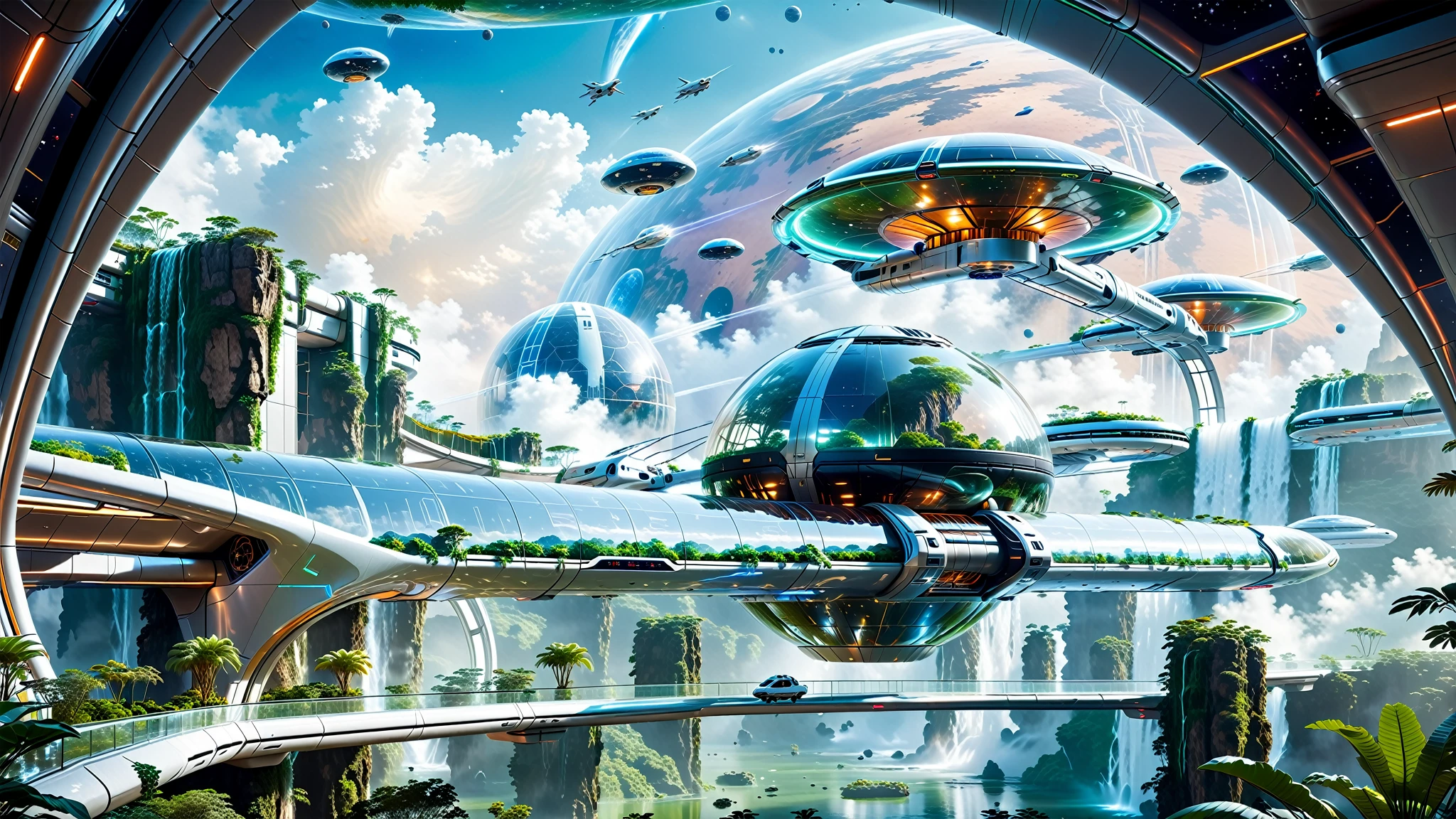 A Masterpiece In 32K Resolution, Supreme Quality, Super Detail, Official Art, Very High-Resolution 32K Wallpaper. Gleaming And Technological, Ultra-Detailed Features. In The Heart Of A Gigantic Futuristic Space Station, Spanning Miles Across Of Space, The Environment Is A Blend Of Ultra-Modern Architecture And The Natural Elements Of Alien Landscapes. Transparent Domes Cover Massive Biomes Filled With Lush Extraterrestrial Vegetation, While Gravity-Defying Waterfalls Cascade From Floating Islands. Interstellar Ships Zip Through The Sky, And Massive Transport Pods Glide Through The Glass Skybridges Connecting Various Parts Of The Station. The Overall Scene Feels Otherworldly Yet Harmonious, A Stunning Combination Of Advanced Technology And Nature Beyond Earth.