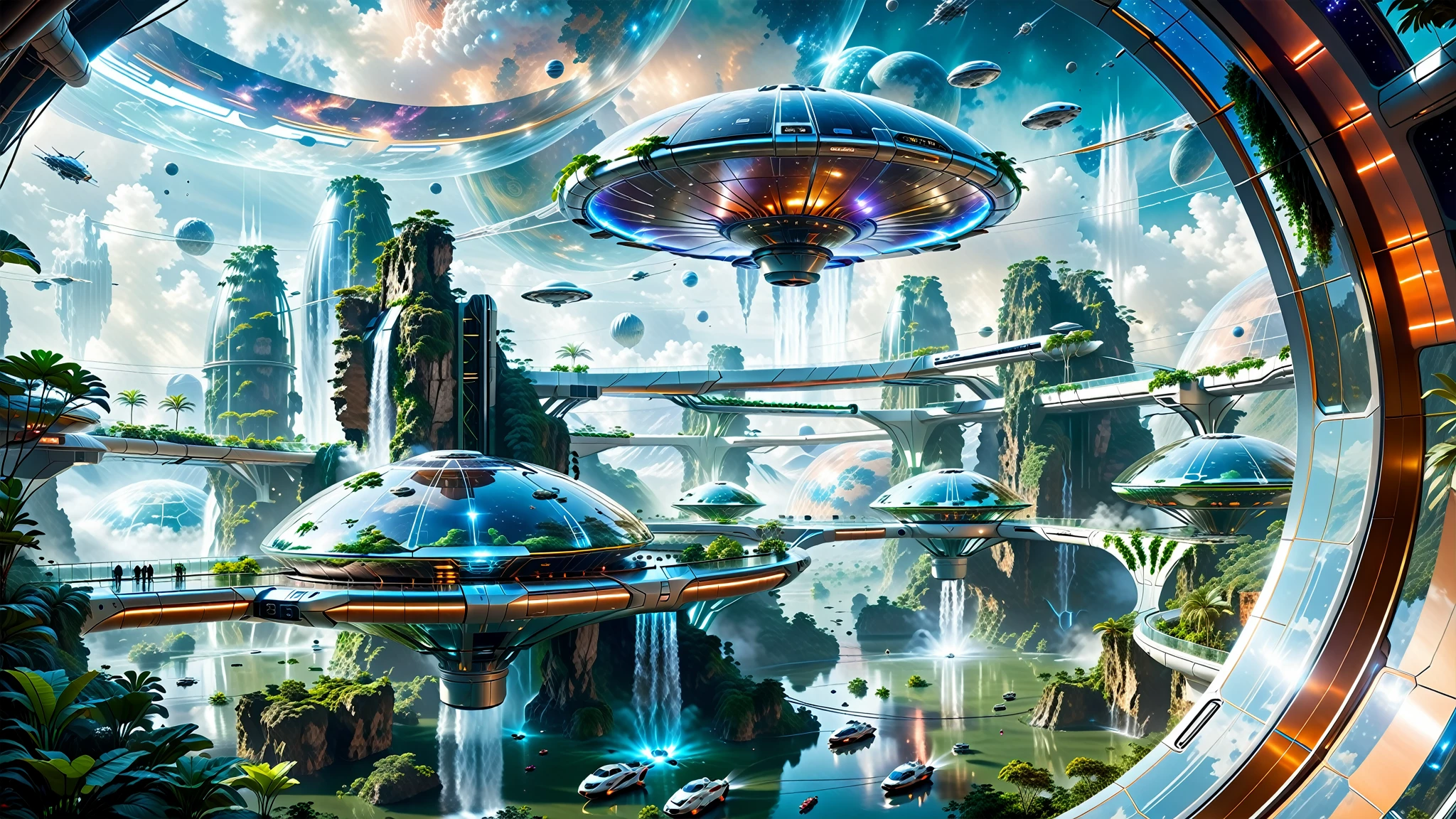 A Masterpiece In 32K Resolution, Supreme Quality, Super Detail, Official Art, Very High-Resolution 32K Wallpaper. Gleaming And Technological, Ultra-Detailed Features. In The Heart Of A Gigantic Futuristic Space Station, Spanning Miles Across Of Space, The Environment Is A Blend Of Ultra-Modern Architecture And The Natural Elements Of Alien Landscapes. Transparent Domes Cover Massive Biomes Filled With Lush Extraterrestrial Vegetation, While Gravity-Defying Waterfalls Cascade From Floating Islands. Interstellar Ships Zip Through The Sky, And Massive Transport Pods Glide Through The Glass Skybridges Connecting Various Parts Of The Station. The Overall Scene Feels Otherworldly Yet Harmonious, A Stunning Combination Of Advanced Technology And Nature Beyond Earth.