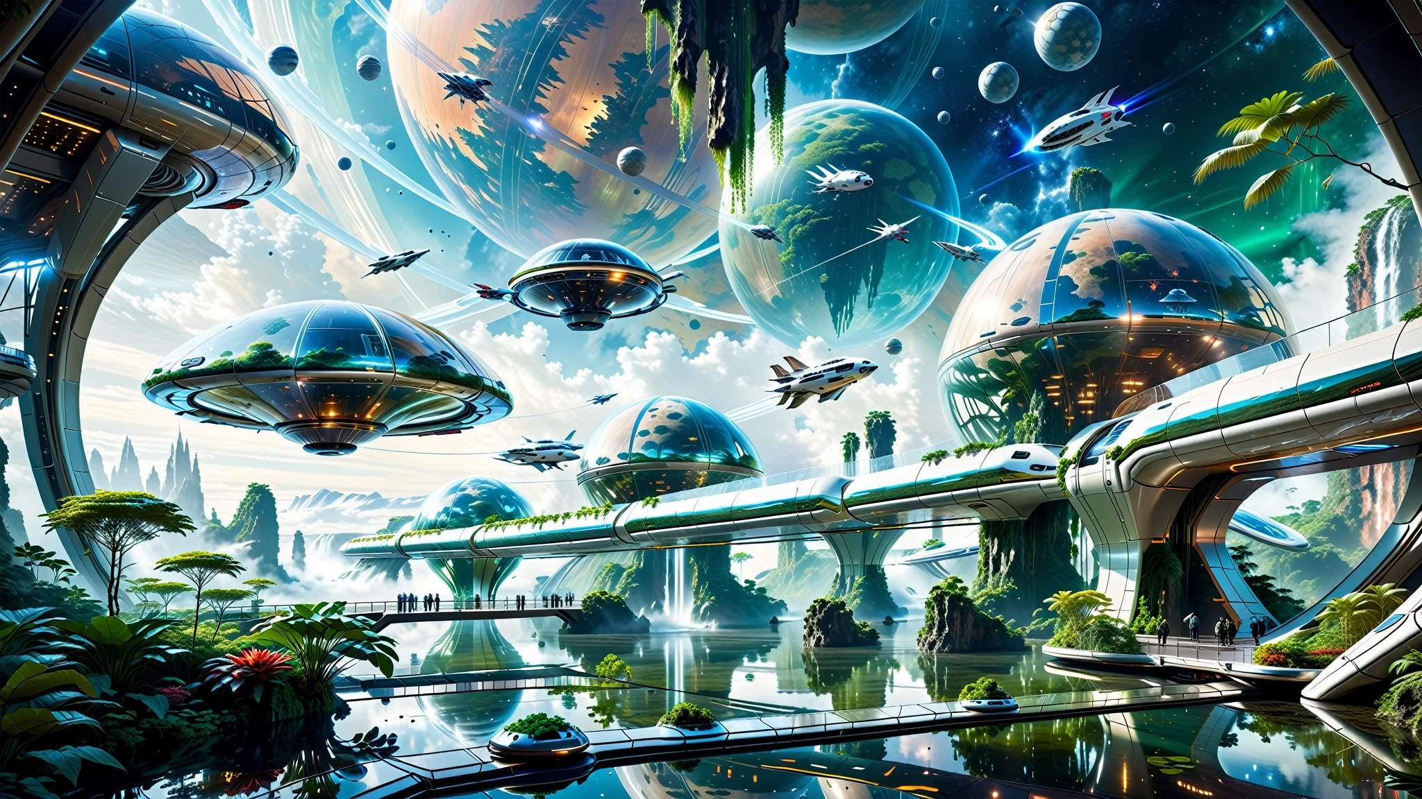 A Masterpiece In 32K Resolution, Supreme Quality, Super Detail, Official Art, Very High-Resolution 32K Wallpaper. Gleaming And Technological, Ultra-Detailed Features. In The Heart Of A Gigantic Futuristic Space Station, Spanning Miles Across Of Space, The Environment Is A Blend Of Ultra-Modern Architecture And The Natural Elements Of Alien Landscapes. Transparent Domes Cover Massive Biomes Filled With Lush Extraterrestrial Vegetation, While Gravity-Defying Waterfalls Cascade From Floating Islands. Interstellar Ships Zip Through The Sky, And Massive Transport Pods Glide Through The Glass Skybridges Connecting Various Parts Of The Station. The Overall Scene Feels Otherworldly Yet Harmonious, A Stunning Combination Of Advanced Technology And Nature Beyond Earth.