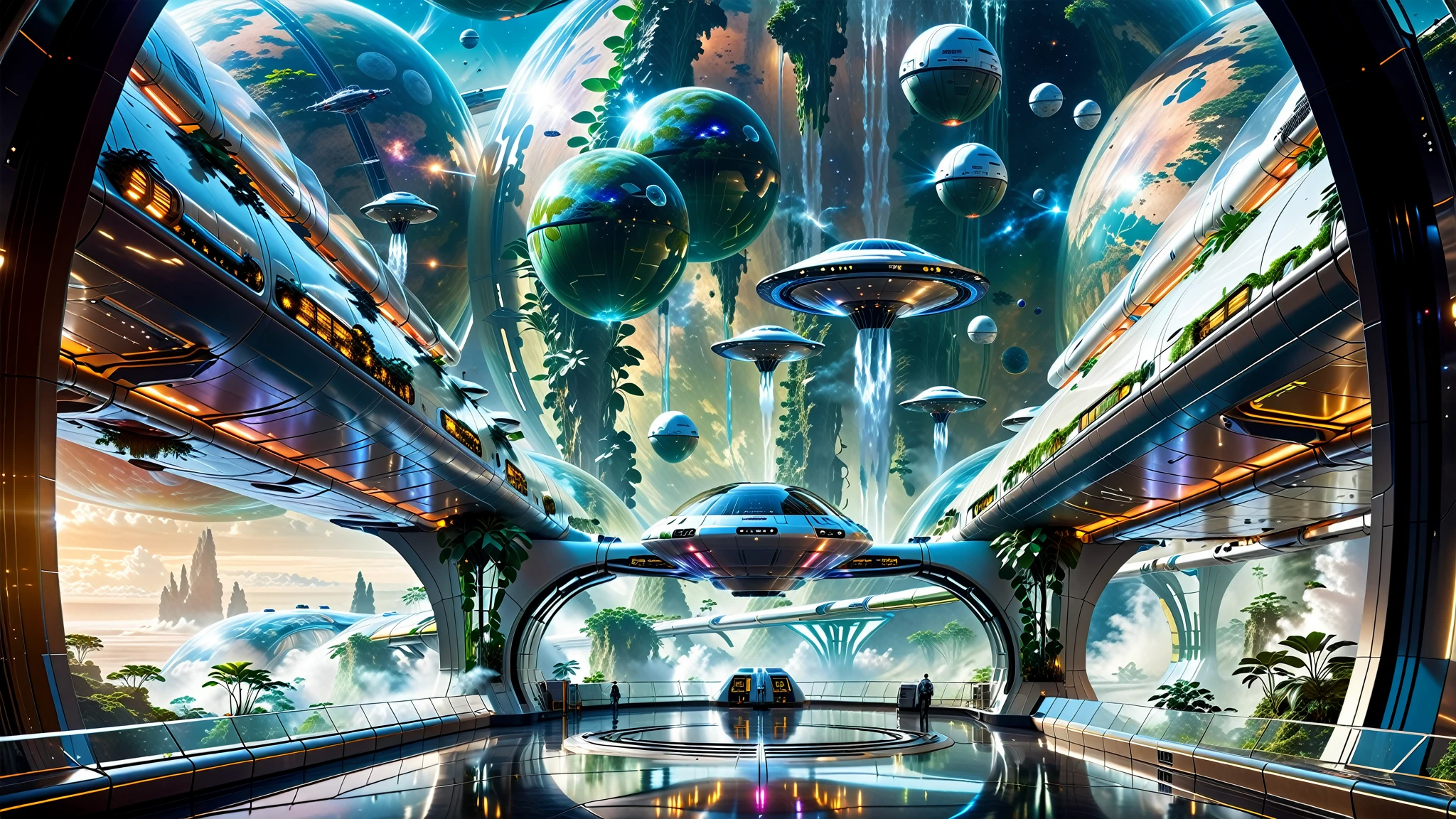 A Masterpiece In 32K Resolution, Supreme Quality, Super Detail, Official Art, Very High-Resolution 32K Wallpaper. Gleaming And Technological, Ultra-Detailed Features. In The Heart Of A Gigantic Futuristic Space Station, Spanning Miles Across Of Space, The Environment Is A Blend Of Ultra-Modern Architecture And The Natural Elements Of Alien Landscapes. Transparent Domes Cover Massive Biomes Filled With Lush Extraterrestrial Vegetation, While Gravity-Defying Waterfalls Cascade From Floating Islands. Interstellar Ships Zip Through The Sky, And Massive Transport Pods Glide Through The Glass Skybridges Connecting Various Parts Of The Station. The Overall Scene Feels Otherworldly Yet Harmonious, A Stunning Combination Of Advanced Technology And Nature Beyond Earth.