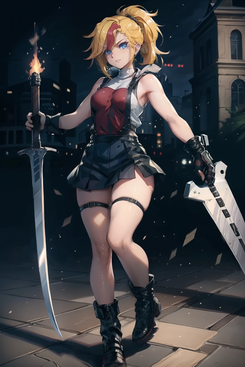 (masterpiece, best quality:1.2), red glowing eyes, perfect face, highres, 1 girl, solo, ultra long ponytail, (female:1.5), strife, blonde hair, shoulder armor, sleeveless turtleneck, suspenders, belt, gloves, bracer, evil smile, standing, portrait, looking at viewer, giant sword on the back, long leather boots, fullbody shot