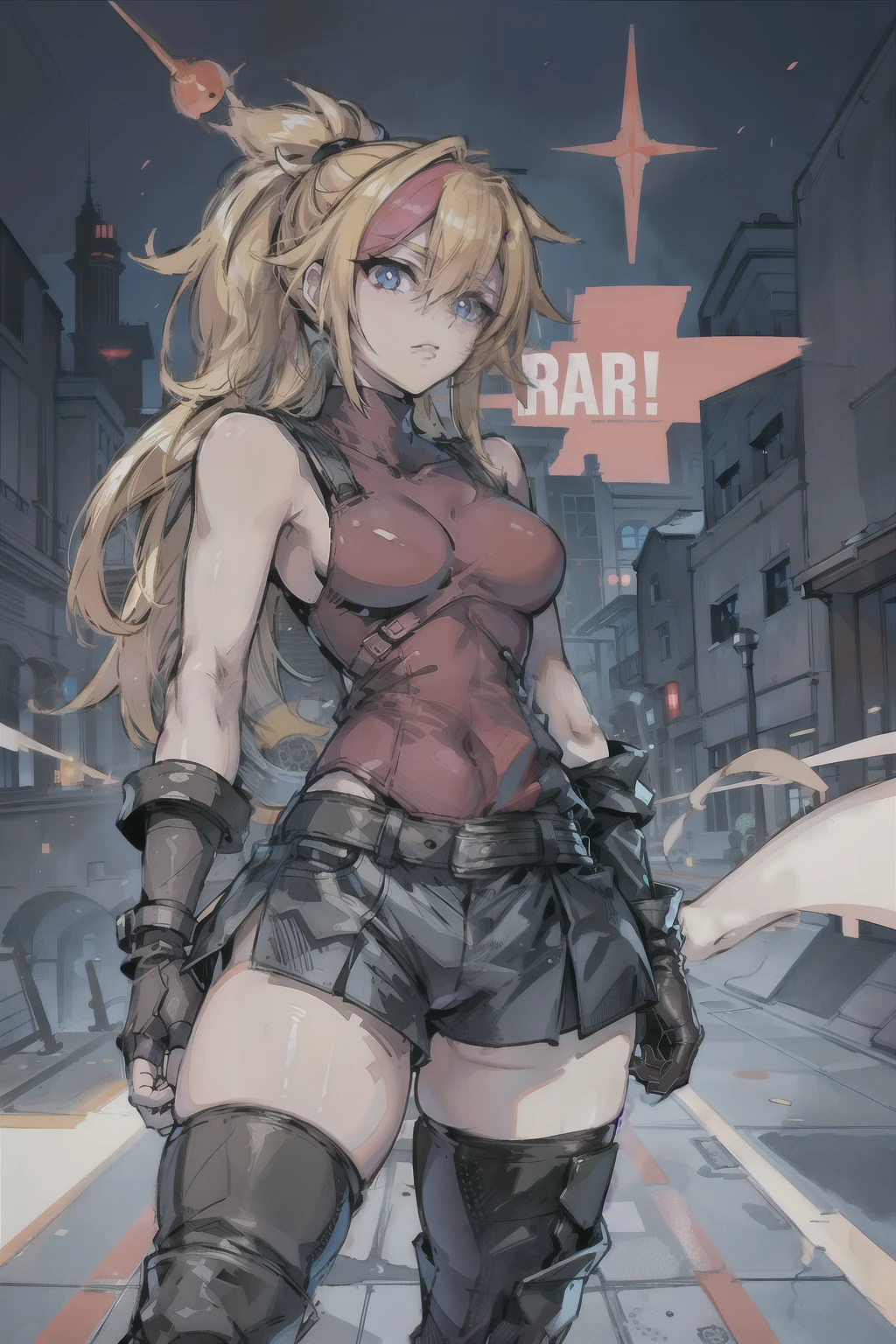 (masterpiece, best quality:1.2), red glowing eyes, perfect face, highres, 1 girl, solo, ultra long ponytail, (female:1.5), strife, blonde hair, shoulder armor, sleeveless turtleneck, suspenders, belt, gloves, bracer, evil smile, standing, portrait, looking at viewer, giant sword on the back, long leather boots, fullbody shot