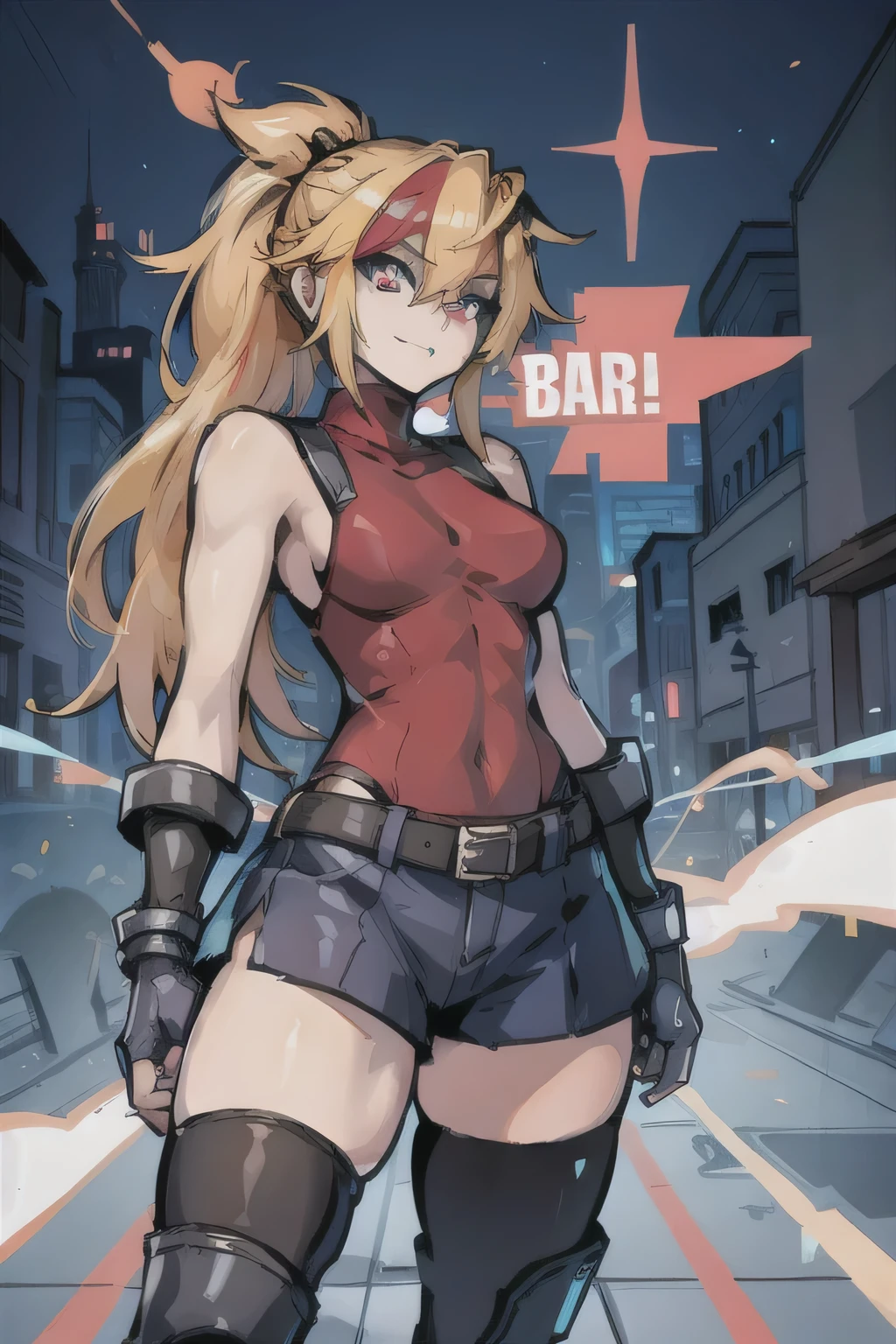 (masterpiece, best quality:1.2), red glowing eyes, perfect face, highres, 1 girl, solo, ultra long ponytail, (female:1.5), strife, blonde hair, shoulder armor, sleeveless turtleneck, suspenders, belt, gloves, bracer, evil smile, standing, portrait, looking at viewer, giant sword on the back, long leather boots, fullbody shot