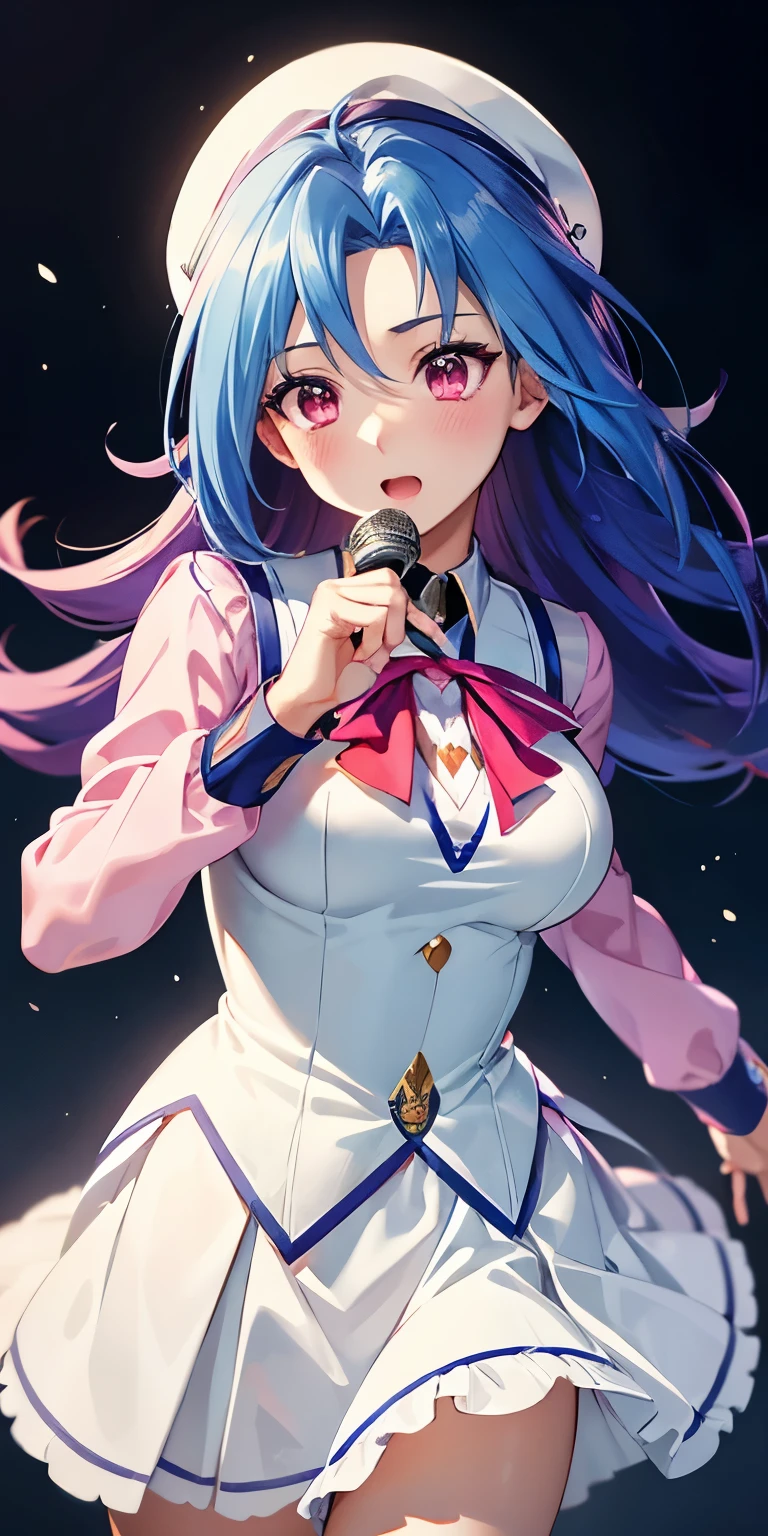 1 Female,High definition,high resolution,Ultra-realistic,8K, kr1, multicolored hair, dyed bangs, long sleeves, , bow, pink dress, white vest, white skirt, large breasts,holding instrument, microphone, singing,European,sexy,Upper body close-up,Photographed from the front,Dynamic Angles,(blush), (medium tits) ,(perfect hands)