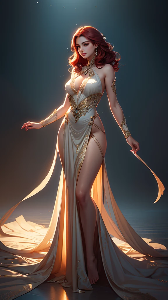 (Top Quality, 16k), Beautiful woman in Art Deco fashion style, Red hair cascading down her back in tight curls, Dancing with an elegant and fluid motion, Gigantic breasts filling out her intricately designed, form-fitting dress, Full body shot revealing the curve of her hourglass figure, Her skin glowing with a soft, warm light, Detailed description of the Art Deco patterns adorning her dress, Ultra-realistic rendering of her red hair, Beaded and sequined accents sparkling in the light, Reflective surfaces of her environment creating a mesmerizing effect, Her expression full of joy and expression, Cheekbones highlighted by the