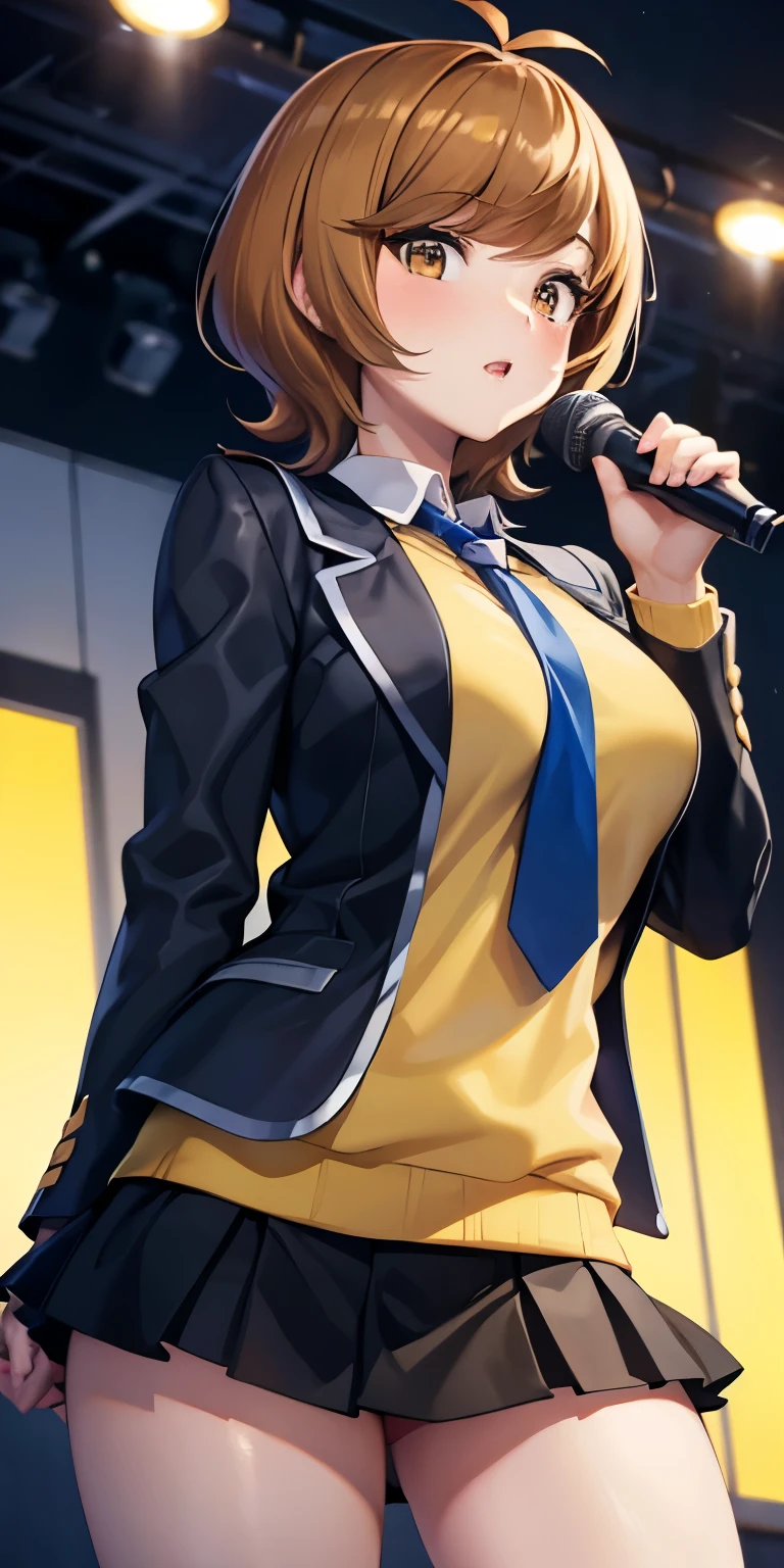 1 Female,High definition,high resolution,Ultra-realistic,8K, hmza, short hair, antenna hair, brown eyes, school uniform,( blue necktie), (yellow shirt),(black jacket), long sleeves, black skirt,tight skirt , ((miniskirt)), large breasts,holding instrument, microphone, singing,European,sexy,Upper body close-up,Photographed from the front,Dynamic Angles,(blush), (medium tits) ,(perfect hands)
