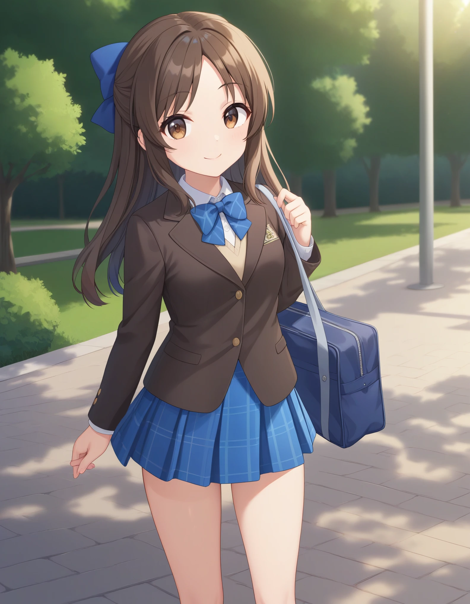 best quality,masterpiece,   4k, best quality 
1girl, solo,tachibana arisu, brown hair, brown eyes, long hair, blue hair ribbon, bang, dark brown blazer, tan color vest , white collared shirt, blue bowtie, blue plaid skirt, opened jacket, white socks,hair bow, standing,smile, cowboy shot,  looking at viewer, outdoor, park, holding school bag, blue bag
