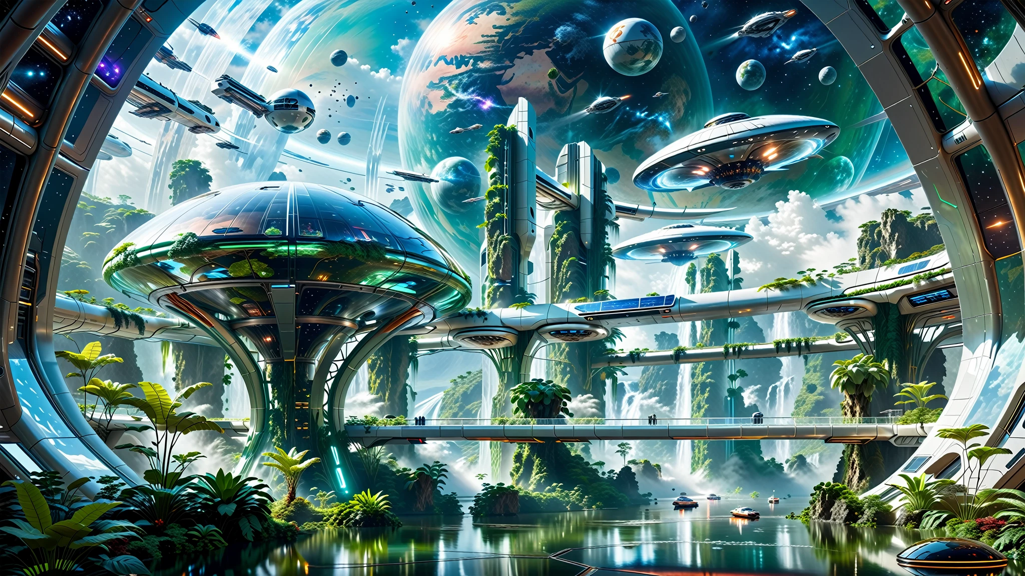 A Masterpiece In 32K Resolution, Supreme Quality, Super Detail, Official Art, Very High-Resolution 32K Wallpaper. Gleaming And Technological, Ultra-Detailed Features. In The Heart Of A Gigantic Futuristic Space Station, Spanning Miles Across Of Space, The Environment Is A Blend Of Ultra-Modern Architecture And The Natural Elements Of Alien Landscapes. Transparent Domes Cover Massive Biomes Filled With Lush Extraterrestrial Vegetation, While Gravity-Defying Waterfalls Cascade From Floating Islands. Interstellar Ships Zip Through The Sky, And Massive Transport Pods Glide Through The Glass Skybridges Connecting Various Parts Of The Station. The Overall Scene Feels Otherworldly Yet Harmonious, A Stunning Combination Of Advanced Technology And Nature Beyond Earth.