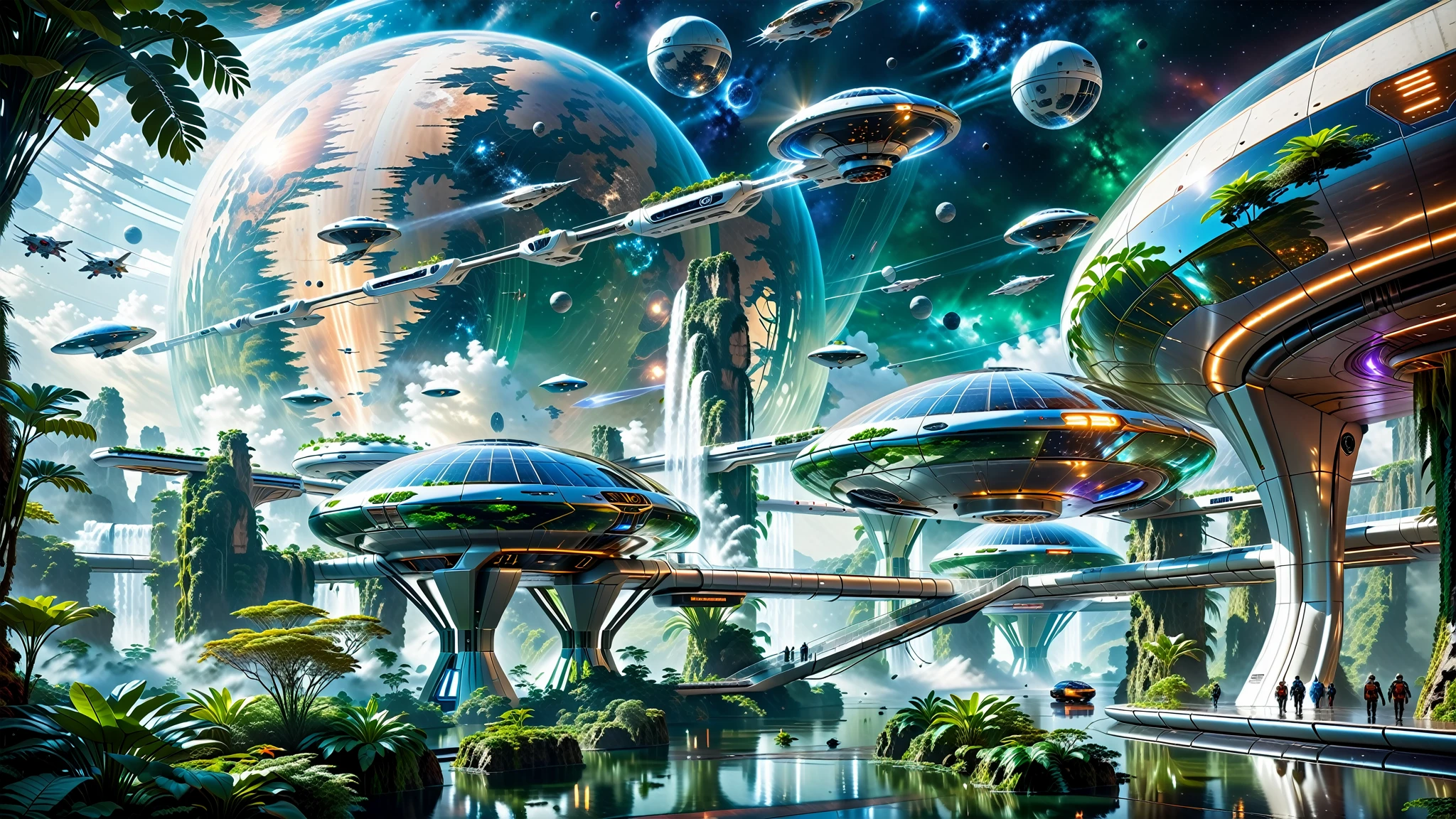 A Masterpiece In 32K Resolution, Supreme Quality, Super Detail, Official Art, Very High-Resolution 32K Wallpaper. Gleaming And Technological, Ultra-Detailed Features. In The Heart Of A Gigantic Futuristic Space Station, Spanning Miles Across Of Space, The Environment Is A Blend Of Ultra-Modern Architecture And The Natural Elements Of Alien Landscapes. Transparent Domes Cover Massive Biomes Filled With Lush Extraterrestrial Vegetation, While Gravity-Defying Waterfalls Cascade From Floating Islands. Interstellar Ships Zip Through The Sky, And Massive Transport Pods Glide Through The Glass Skybridges Connecting Various Parts Of The Station. The Overall Scene Feels Otherworldly Yet Harmonious, A Stunning Combination Of Advanced Technology And Nature Beyond Earth.