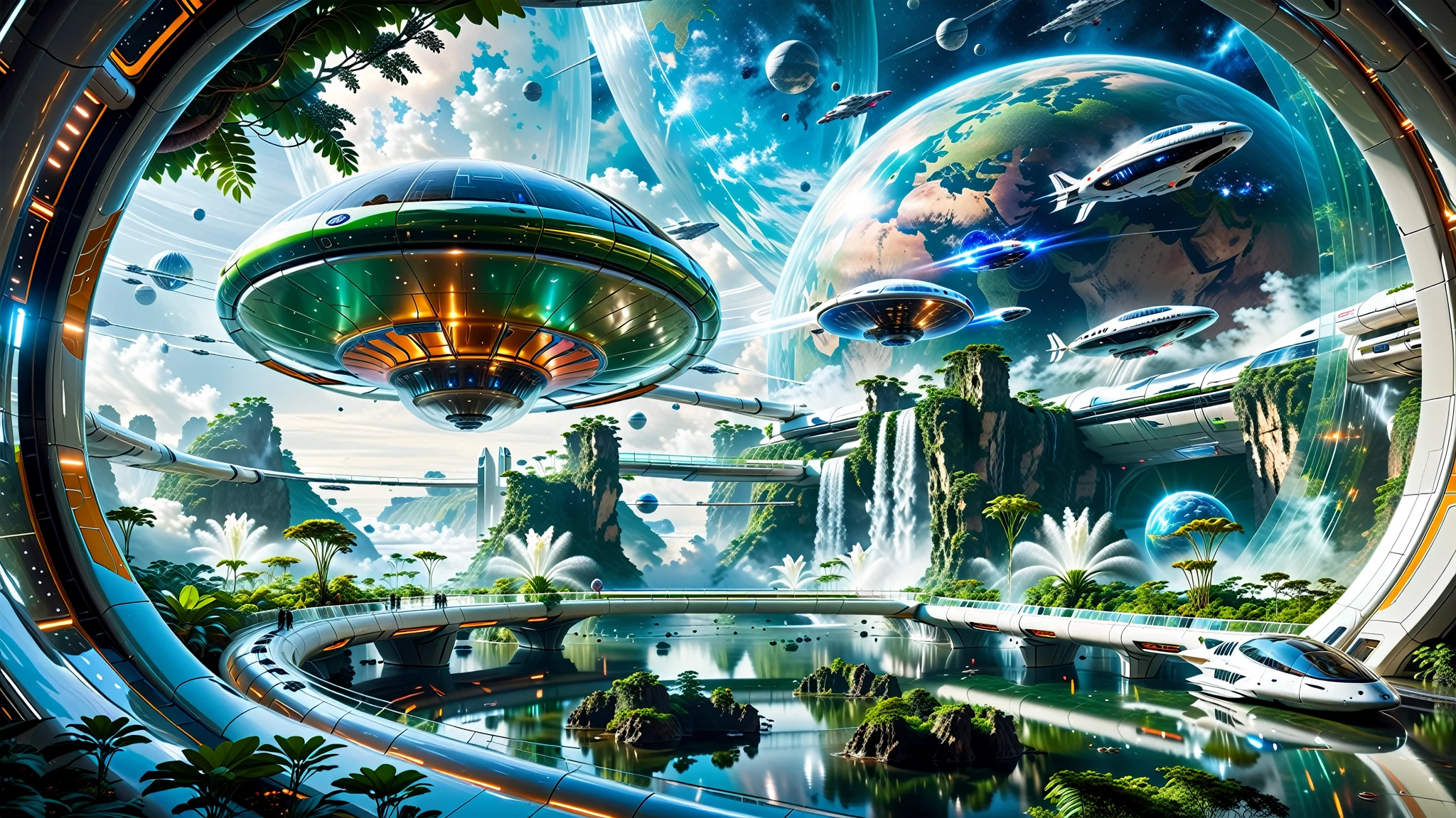 A Masterpiece In 32K Resolution, Supreme Quality, Super Detail, Official Art, Very High-Resolution 32K Wallpaper. Gleaming And Technological, Ultra-Detailed Features. In The Heart Of A Gigantic Futuristic Space Station, Spanning Miles Across Of Space, The Environment Is A Blend Of Ultra-Modern Architecture And The Natural Elements Of Alien Landscapes. Transparent Domes Cover Massive Biomes Filled With Lush Extraterrestrial Vegetation, While Gravity-Defying Waterfalls Cascade From Floating Islands. Interstellar Ships Zip Through The Sky, And Massive Transport Pods Glide Through The Glass Skybridges Connecting Various Parts Of The Station. The Overall Scene Feels Otherworldly Yet Harmonious, A Stunning Combination Of Advanced Technology And Nature Beyond Earth.