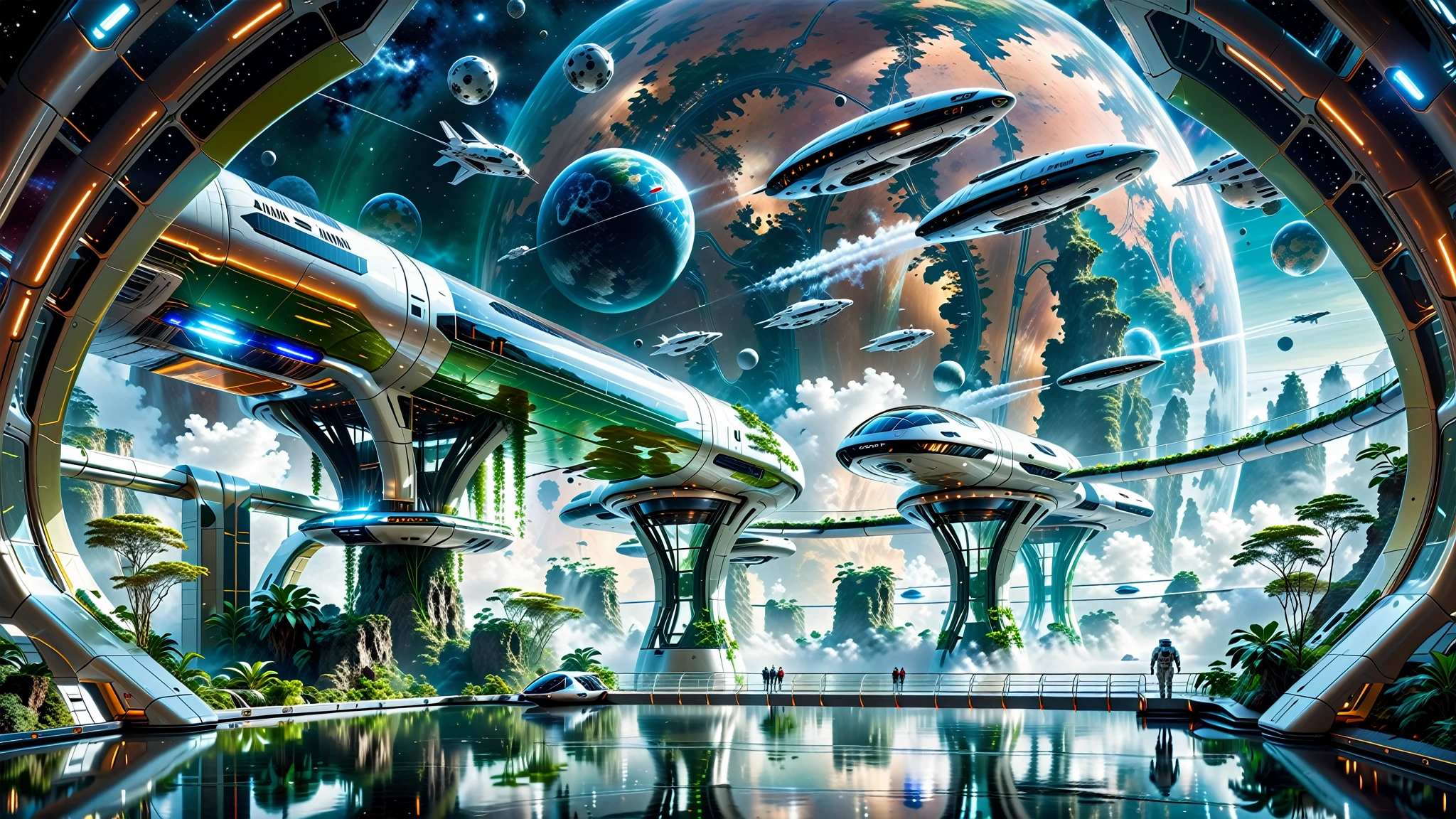 A Masterpiece In 32K Resolution, Supreme Quality, Super Detail, Official Art, Very High-Resolution 32K Wallpaper. Gleaming And Technological, Ultra-Detailed Features. In The Heart Of A Gigantic Futuristic Space Station, Spanning Miles Across Of Space, The Environment Is A Blend Of Ultra-Modern Architecture And The Natural Elements Of Alien Landscapes. Transparent Domes Cover Massive Biomes Filled With Lush Extraterrestrial Vegetation, While Gravity-Defying Waterfalls Cascade From Floating Islands. Interstellar Ships Zip Through The Sky, And Massive Transport Pods Glide Through The Glass Skybridges Connecting Various Parts Of The Station. The Overall Scene Feels Otherworldly Yet Harmonious, A Stunning Combination Of Advanced Technology And Nature Beyond Earth.