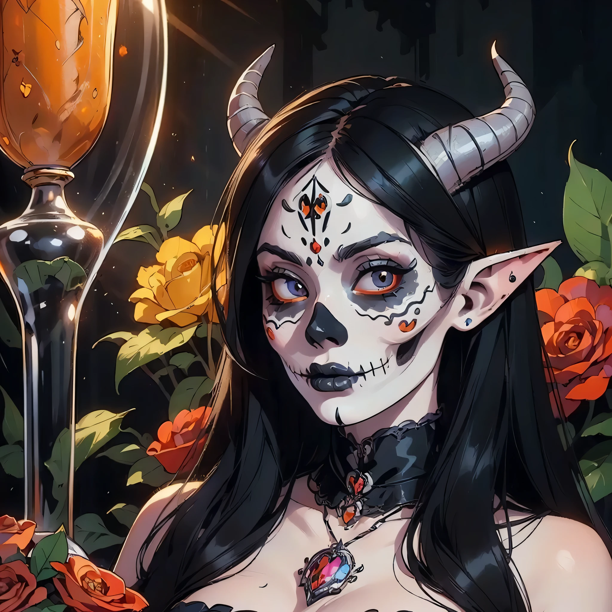 ((Masterpiece)), ((highres)), beautifully detailed women, ((dia de los muertos)), long black hair, detailed face, pale skin, soft skin, clear detailed skin, demon horns, demon tail, detailed elf ears, surrounded my beautiful flowers, large breast, hour glass body