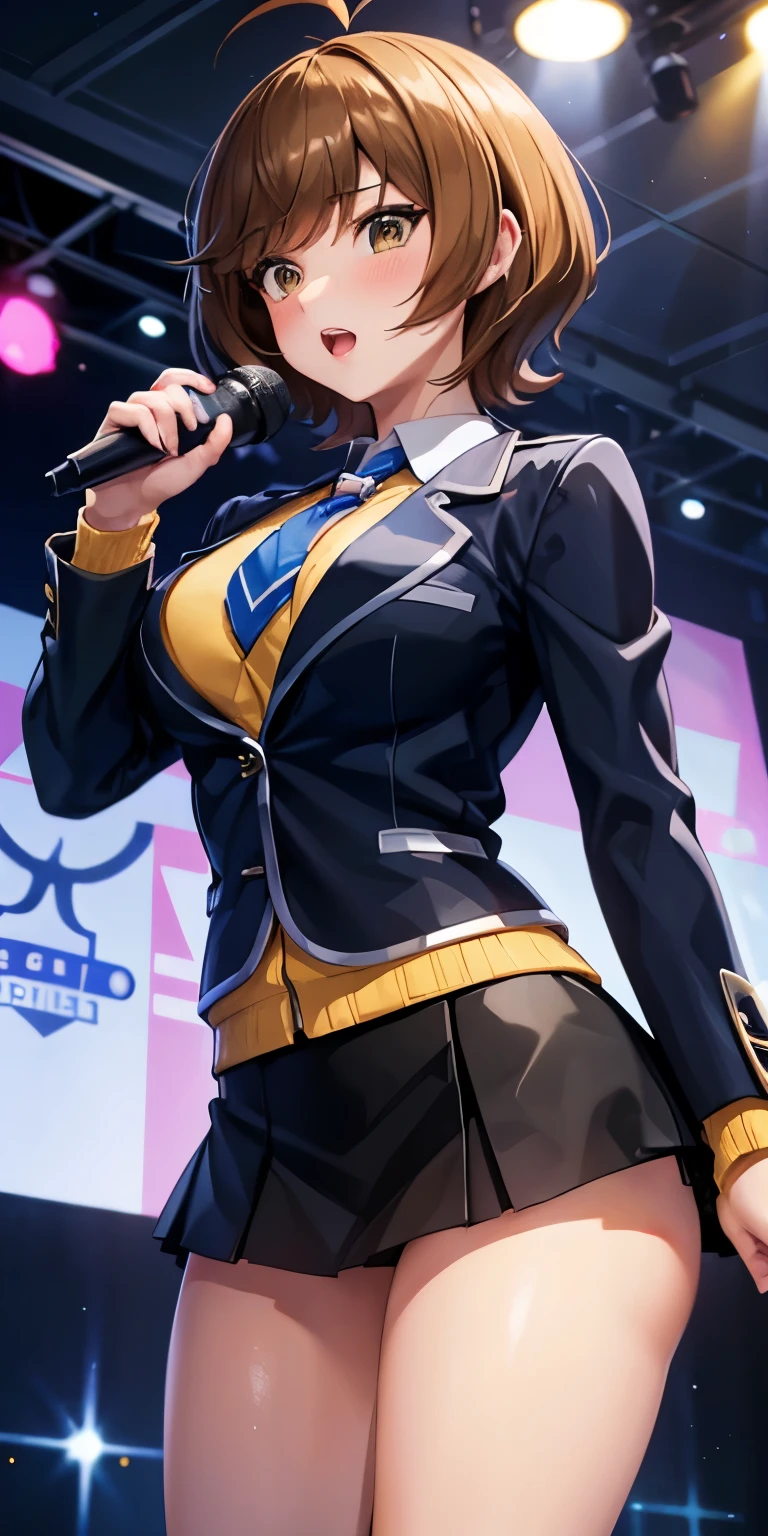 1 Female,High definition,high resolution,Ultra-realistic,8K, hmza, short hair, antenna hair, brown eyes, school uniform,( blue necktie), (yellow shirt),(black jacket), long sleeves, black skirt,tight skirt , ((miniskirt)), large breasts,holding instrument, microphone, singing,European,sexy,Upper body close-up,Photographed from the front,Dynamic Angles,(blush), (medium tits) ,(perfect hands)