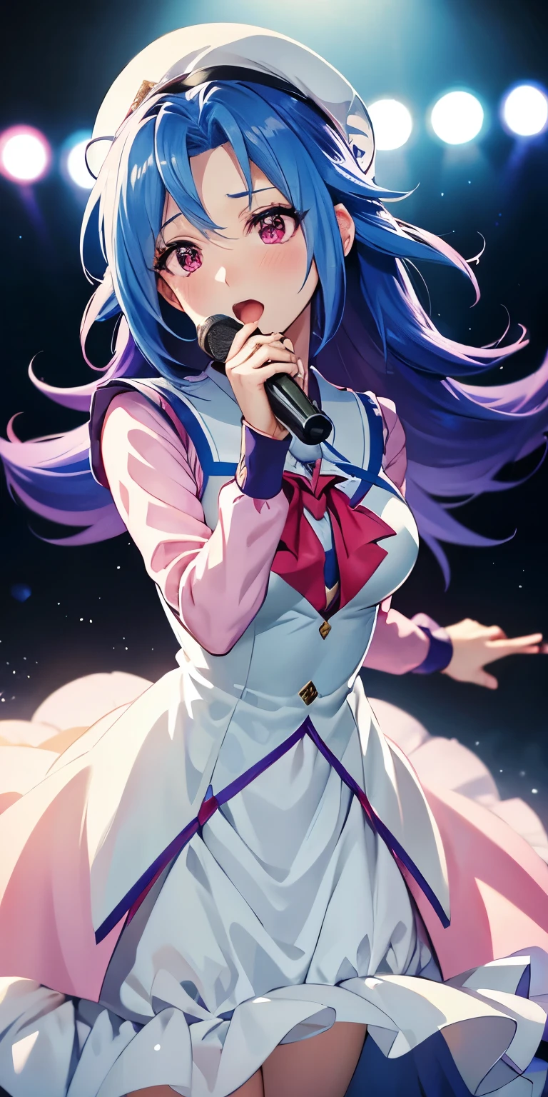 1 Female,High definition,high resolution,Ultra-realistic,8K, kr1, multicolored hair, dyed bangs, long sleeves, , bow, pink dress, white vest, white skirt, large breasts,holding instrument, microphone, singing,European,sexy,Upper body close-up,Photographed from the front,Dynamic Angles,(blush), (medium tits) ,(perfect hands)