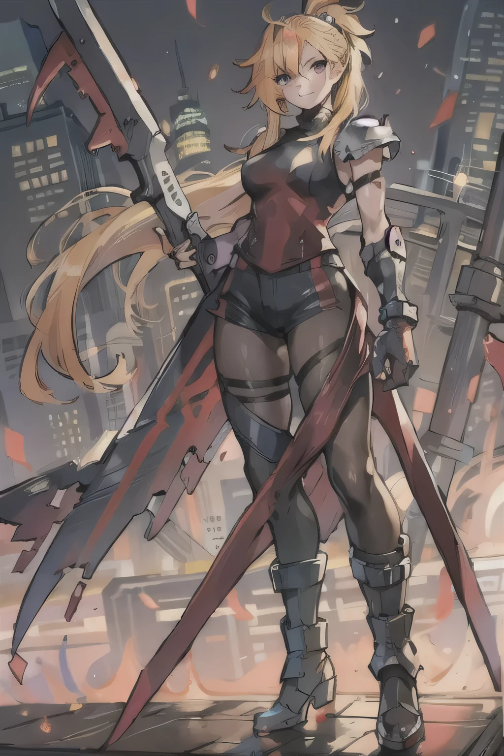 (masterpiece, best quality:1.2), red glowing eyes, perfect face, highres, 1 girl, solo, ultra long ponytail, (female:1.5), strife, blonde hair, shoulder armor, sleeveless turtleneck, suspenders, belt, gloves, bracer, evil smile, standing, portrait, looking at viewer, giant sword on the back, long leather boots, fullbody shot