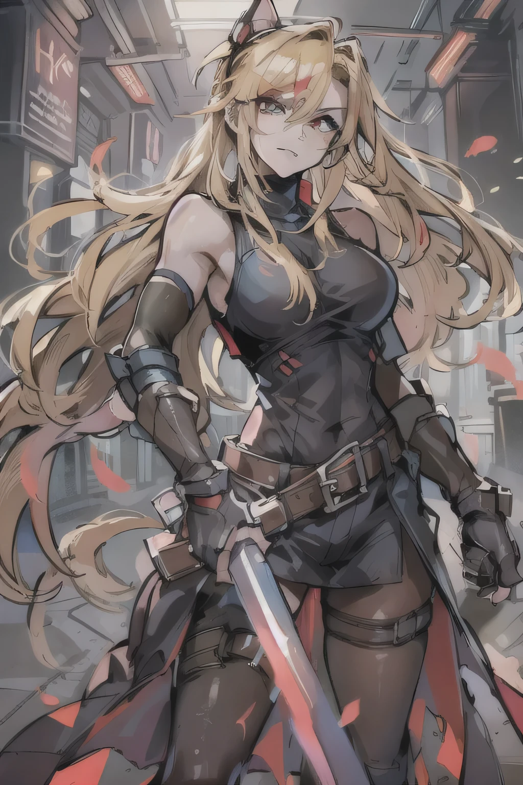 (masterpiece, best quality:1.2), red glowing eyes, perfect face, highres, 1 girl, solo, ultra long ponytail, (female:1.5), strife, blonde hair, shoulder armor, sleeveless turtleneck, suspenders, belt, gloves, bracer, evil smile, standing, portrait, looking at viewer, giant sword on the back, long leather boots, fullbody shot