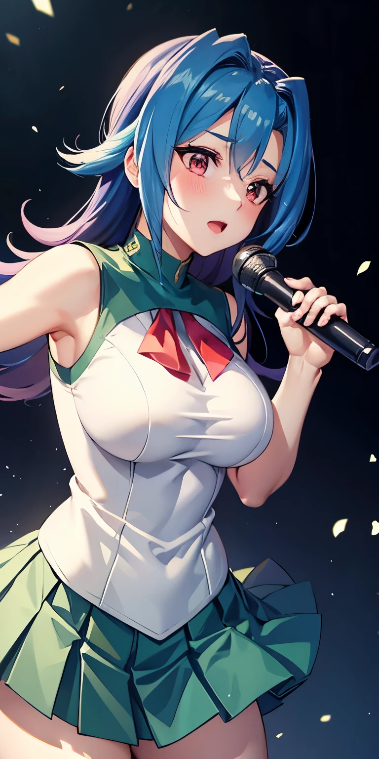 1 Female,High definition,high resolution,Ultra-realistic,8K, kr1, multicolored hair, dyed bangs, white shirt, sleeveless, green skirt, pleated skirt, large breasts,holding instrument, microphone, singing,European,sexy,Upper body close-up,Photographed from the front,Dynamic Angles,(blush), (medium tits) ,(perfect hands)