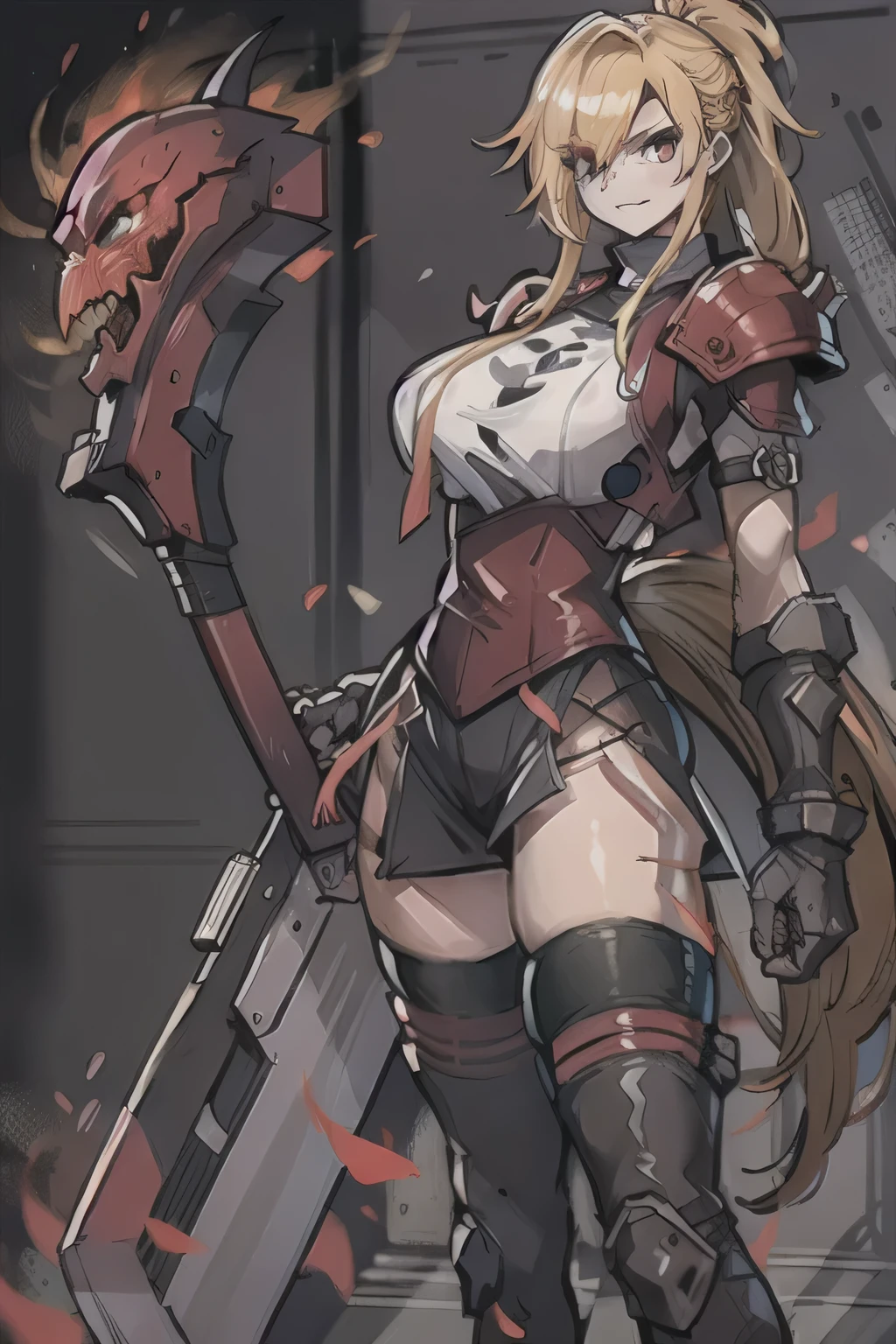 (masterpiece, best quality:1.2), red glowing eyes, perfect face, highres, 1 girl, solo, ultra long ponytail, (female:1.5), strife, blonde hair, shoulder armor, sleeveless turtleneck, suspenders, belt, gloves, bracer, evil smile, standing, portrait, looking at viewer, giant sword on the back, long leather boots, fullbody shot