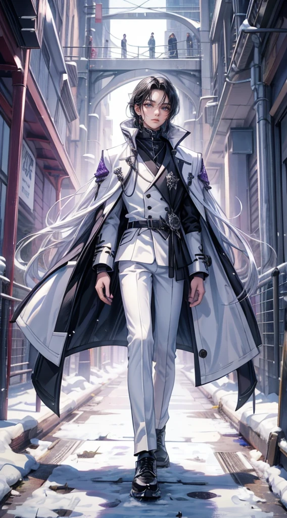 a slightly older, young man, a little athletic, 19 years old, measuring 2.00, long white hair with some strands of black hair, white skin, purple eyes having a seductive and mysterious look, wearing a white tall collar coat, long black pants and white shoes, Walking in a snowy field while holding a sword that gave off a purple aura Modelo HD, 