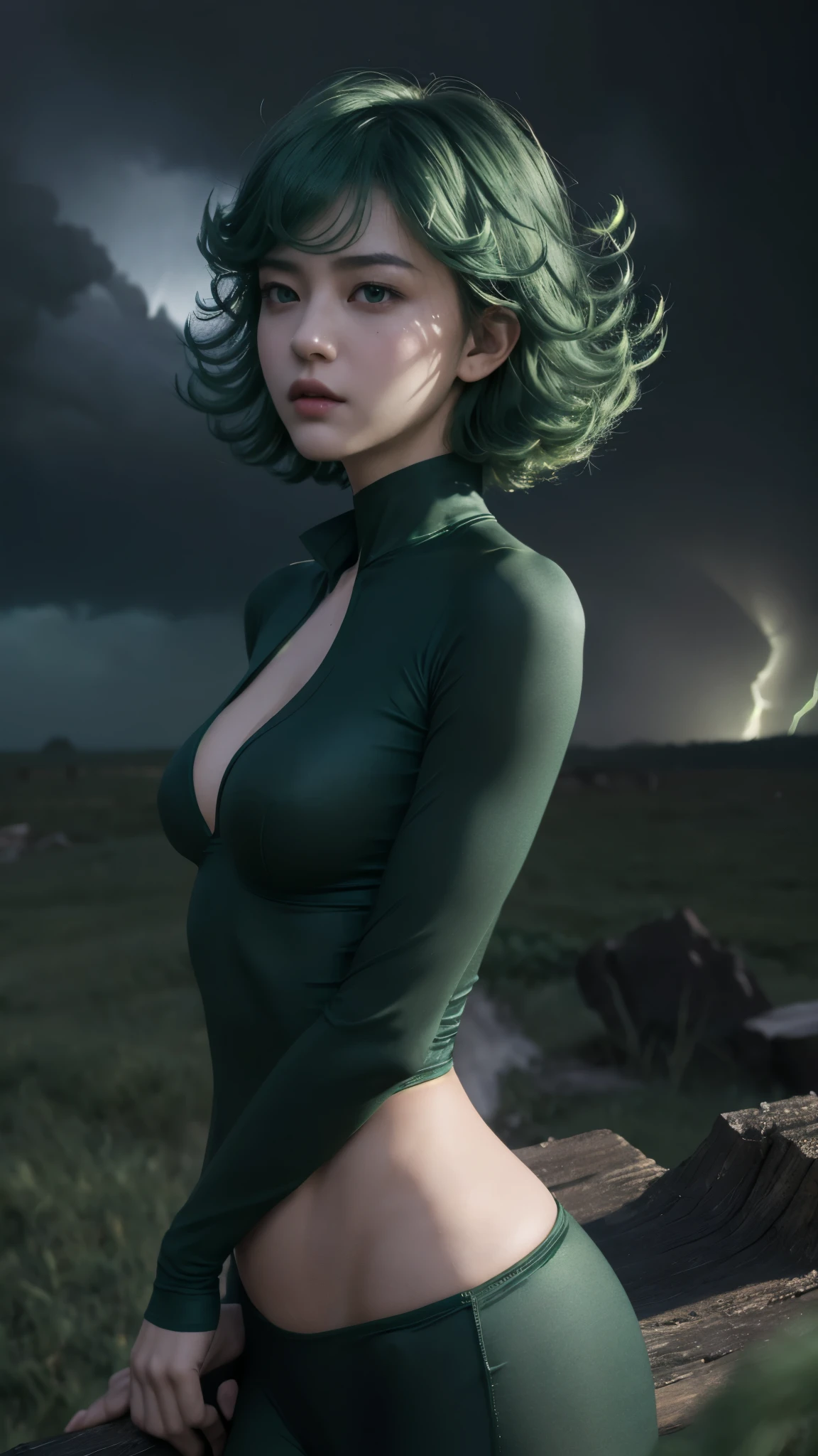 TATSUMAKI,
(masterpiece, best quality),
1girl, beautiful face, TATSUMAKI,
((SHORT EMERALD GREEN HAIR:1.2, CURVED ENDS:1.2)),
((DARK GREEN TIGHT CLOTHES:1.2)),
dark green dress, dark green V-neck dress, no underwear, petite body shape, ((cleavage:1.1)), ((medium firm breasts:1.2)), long face, (photorealistic:1.2), (masterpiece), best quality, (facial detail:1.4), raw photo, 8k ultra realistic, perfect artwork, ((fierce storm and tornado background:1.2)), BREAK, photography,masterpiece, best quality,HDR,high resolution,realistic detail,8K,HDR,high resolution,absurd,(1Paranormal girl flying in the air, tatsumaki,expressionless,controlling  storm with his mind), masterpiece,ultra realistic 8k unity CG wallpaper,32k,very detailed,best quality