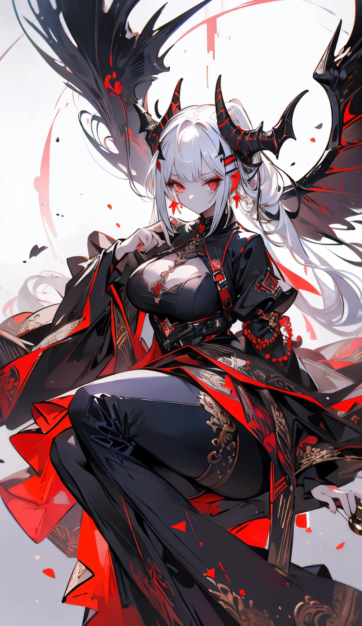 (masterpiece), (best quality), (detailed), light layer, lustrous skin, (intricate detailed , taut clothes, , demon wings,hair ornament :1.2), from above, white hair, black choker, long hair, hime cut, demon horns, circular demon horns, woman, blunt bangs, sidelocks, thicc, rainbow eyes, imperatriz, holding quarterstaff,holding scythe,holding sword, (mature female:1.1),full body, side-ponytails, (simple background:1.1),