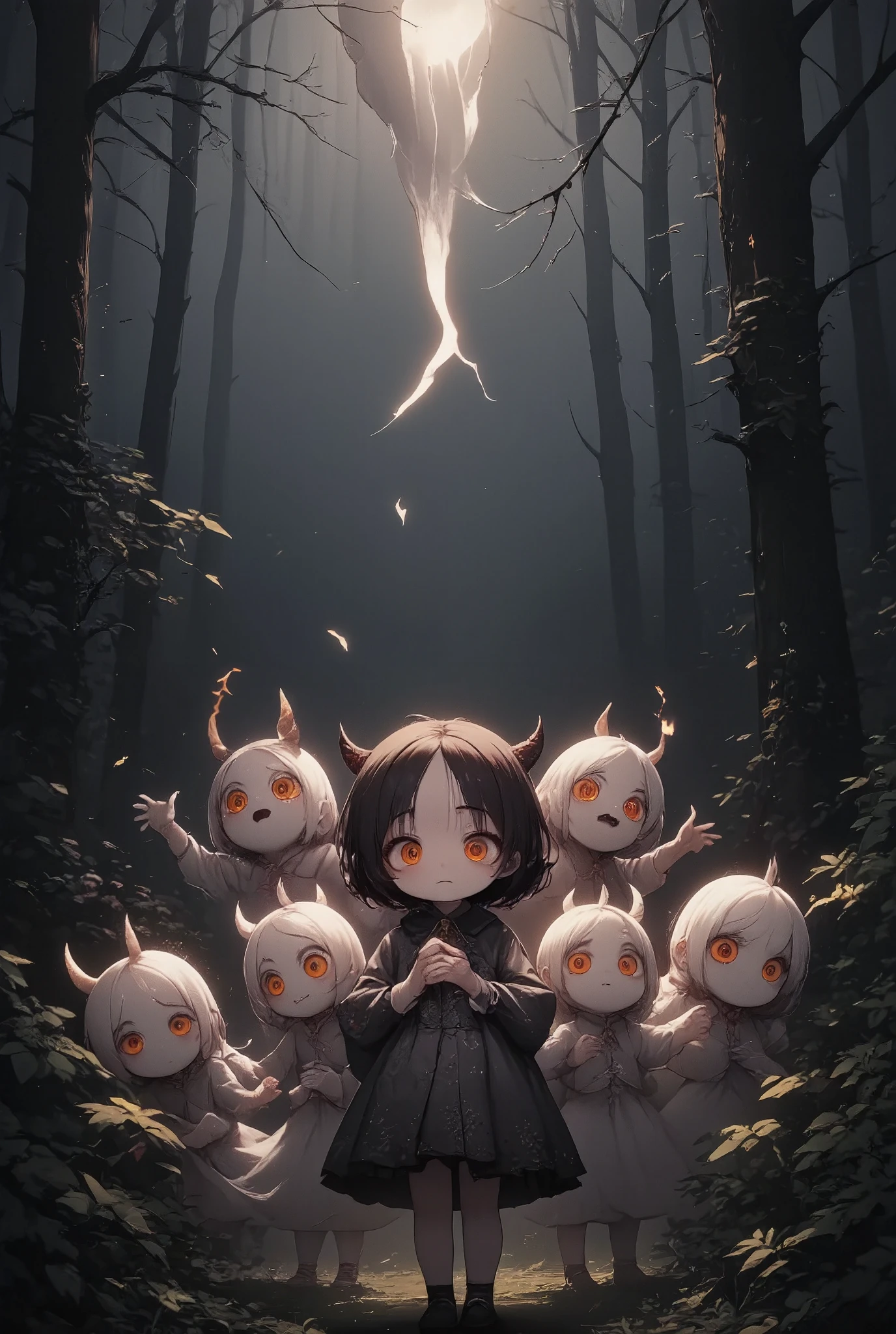 conceptual installation fantasy horror artwork, gathering of cute ghosts, full moon, line of light from the full moon, in a secluded forest, various effects, delicate and dynamic textures, contrasts of light and shadow, ultra detailed, absolutely resolution, best quality