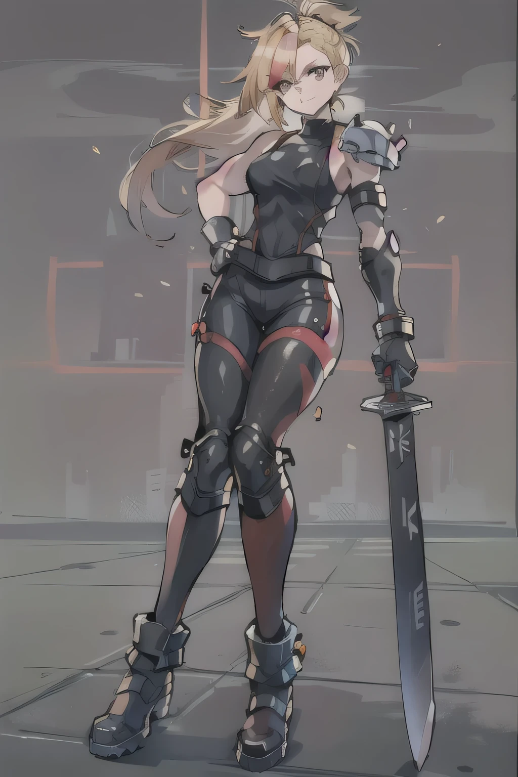 (masterpiece, best quality:1.2), red glowing eyes, perfect face, highres, 1 girl, solo, ultra long ponytail, (female:1.5), strife, blonde hair, shoulder armor, sleeveless turtleneck, suspenders, belt, gloves, bracer, evil smile, standing, portrait, looking at viewer, giant sword on the back, long leather boots, fullbody shot