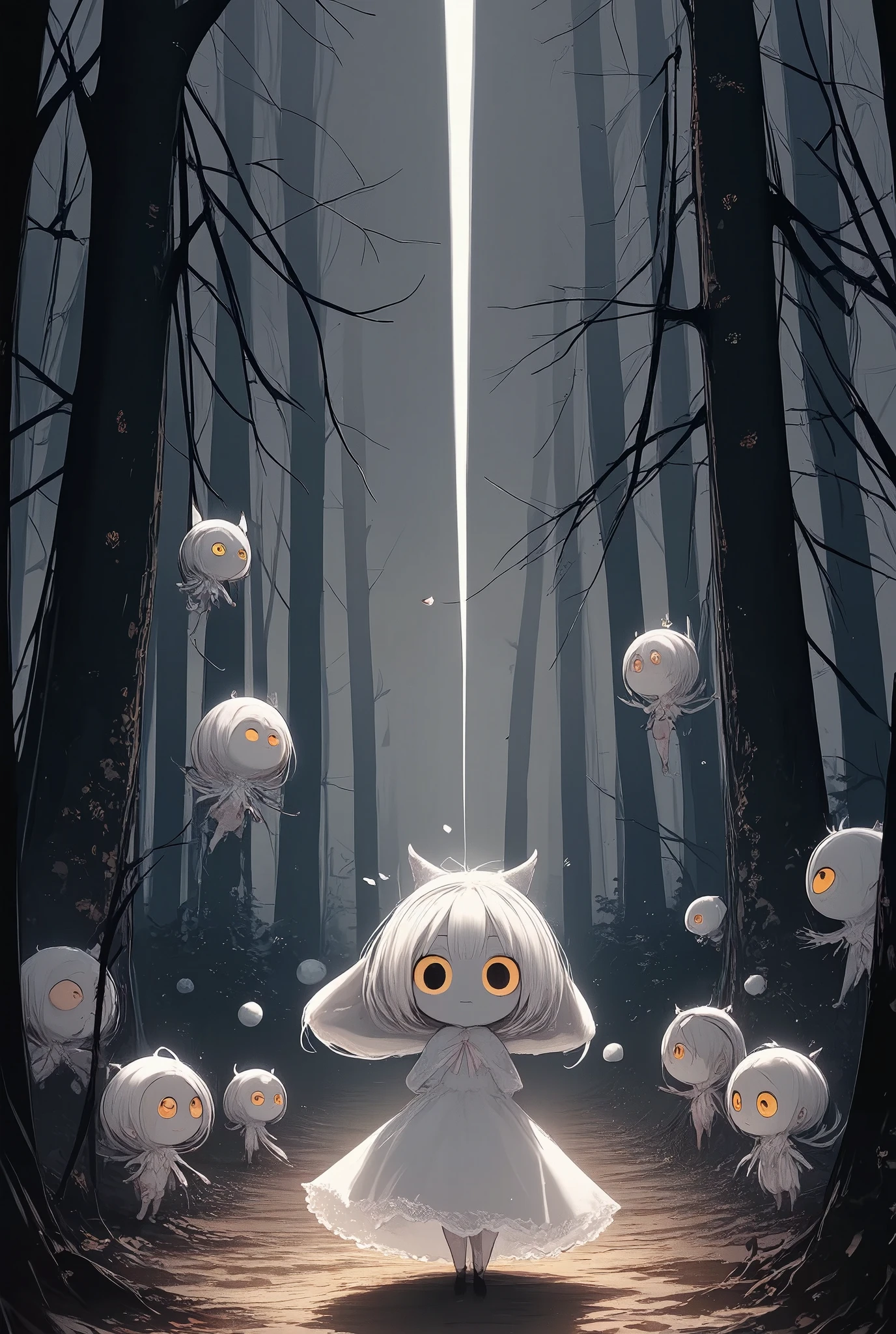 conceptual installation fantasy horror artwork, gathering of cute ghosts, full moon, line of light from the full moon, in a secluded forest, various effects, delicate and dynamic textures, contrasts of light and shadow, ultra detailed, absolutely resolution, best quality