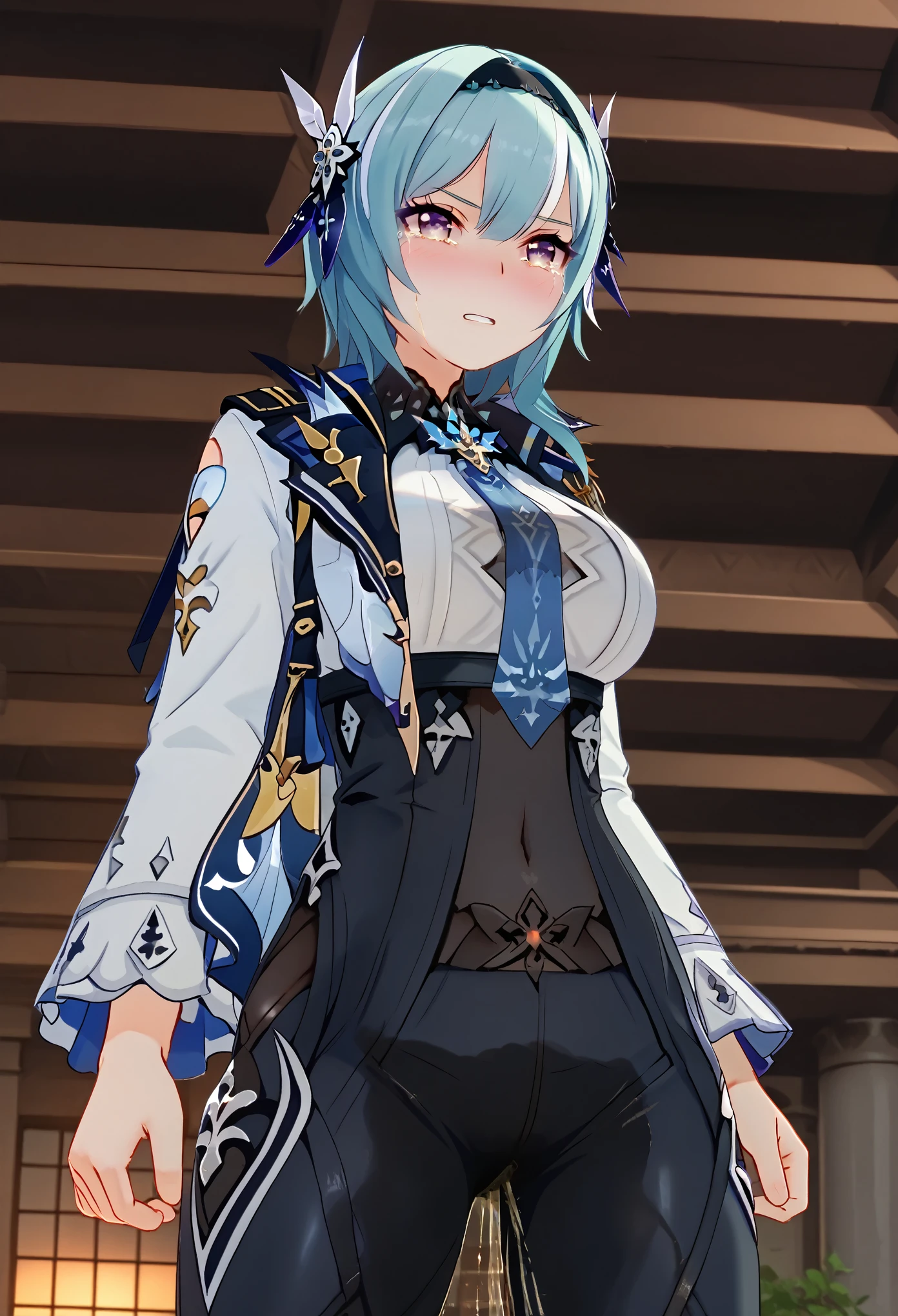 BREAK, (SuperQuality:1.0), (eula:2.0), 1girl, (huge breasts:1.5), A detailed portrait of a young woman, bangs, hair ornament, hair between eyes, blue hair, purple eyes, sidelocks, hairband, medium hair, black hairband, (pants:2.0), (detailed eyes, extremely detailed face), beautiful detailed eyes, extremely detailed eyes and face, long eyelashes, (wetting self:2.0), embarrassed, humiliation full face blush, angry, open mouth, tears, (best quality, 4k, 8k, highres, masterpiece:2.0), (extremely high quality:2.0), ultra-detailed, HDR, UHD, studio lighting, ultra-fine painting, sharp focus, physically-based rendering, extreme detail description, professional, vivid colors, bokeh, portrait