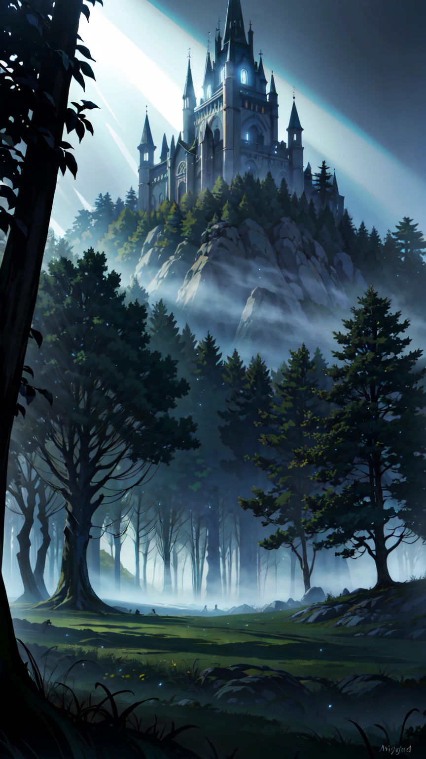  realistic and dark oil painting of a medieval town at dawn, mossy, fog, foggy, darkness, fogerious, mythical, Dark,  Rays of light shine through the forest ., Environment, depth of field,  volumetric lighting ,  cinematic lighting , moody, darkness pesada, black sky,  Low angle perspective ,  By Eyvind Earle 