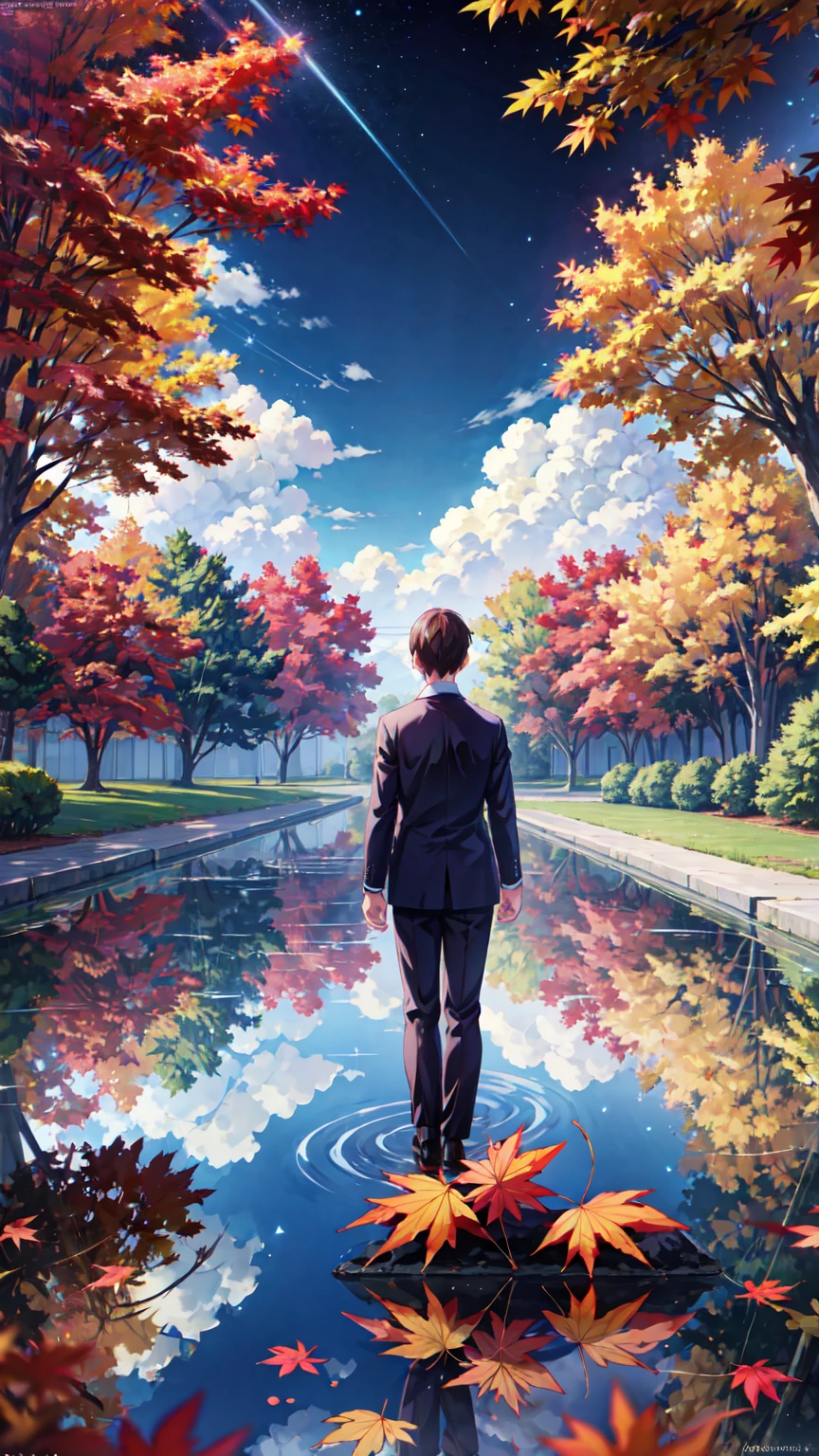  wallpaper, Autumn on foot, maple leaves, trees, sky, white clouds, Detail in HD,  wet watermark , hyperdetail, Movie, Surrealism, soft light, Deep field focus bokeh ,   formal Spiderman costume with ray tracing , diffusion ( ultrafine glass reflection ) and Surrealism. 