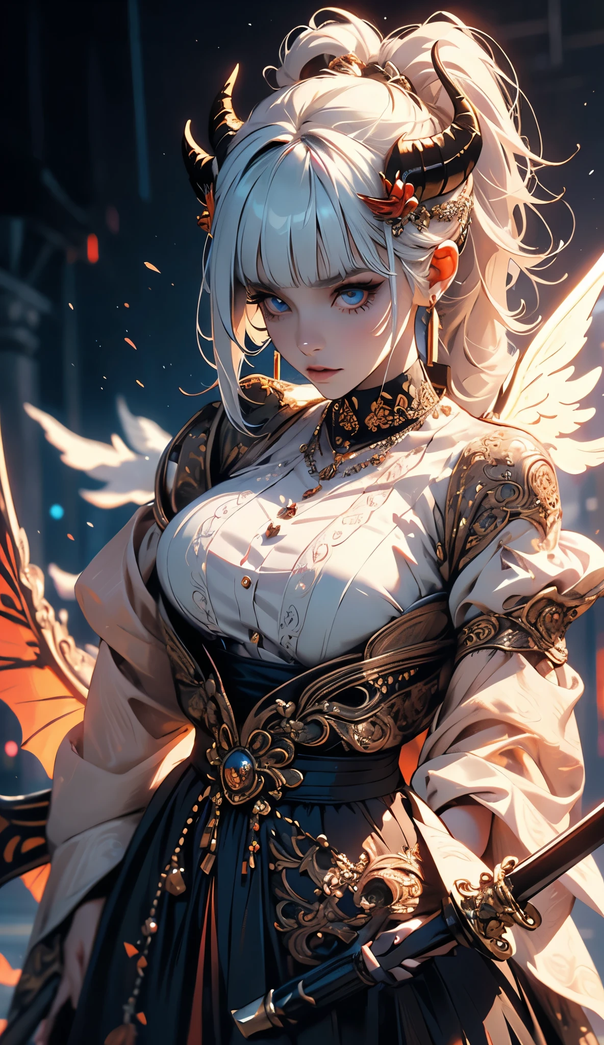 (masterpiece), (best quality), (detailed), light layer, lustrous skin, (intricate detailed , taut clothes, , demon wings,hair ornament :1.2), from above, white hair, black choker, long hair, hime cut, demon horns, circular demon horns, woman, blunt bangs, sidelocks, thicc, rainbow eyes, holding quarterstaff,holding scythe,holding sword, (mature female:1.1),full body, side-ponytails, (simple background:1.1),  