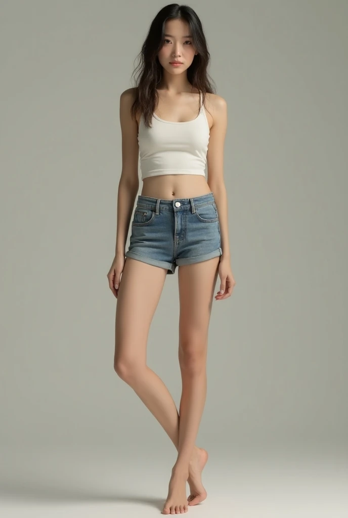 30 year old woman, white, imitating a dog , wearing very short denim shorts, sexly, wearing high heels, full body photo and an ankle bracelet.